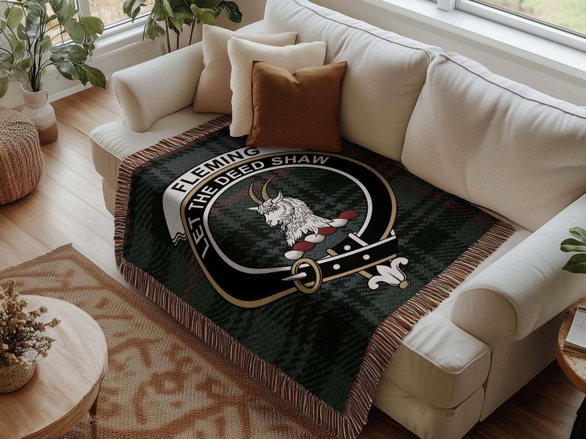 Fleming Clan Crest Tartan Scottish Woven Blanket - Celtic Ancestry Gifts
