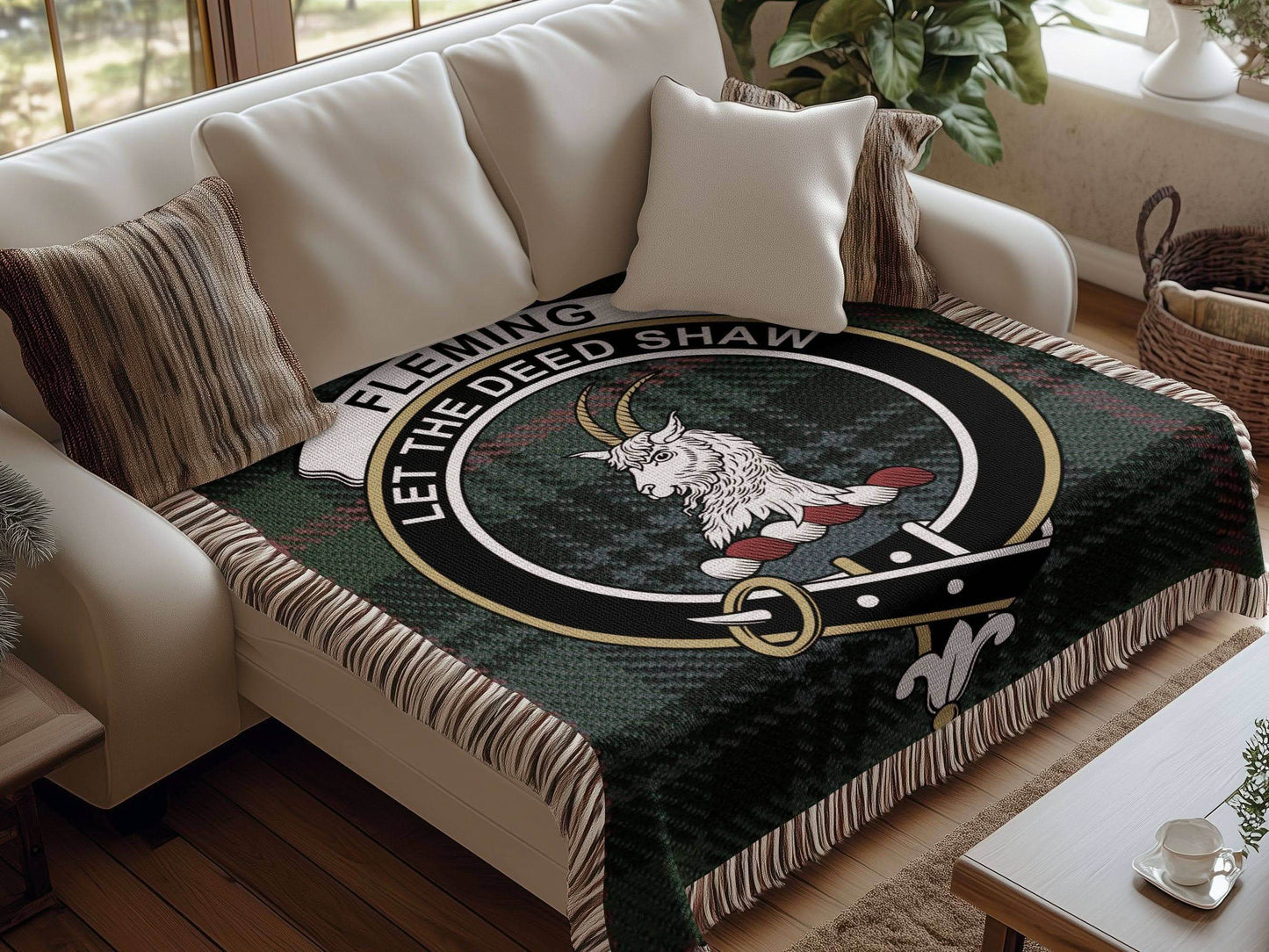 Fleming Clan Crest Tartan Scottish Woven Blanket - Celtic Ancestry Gifts