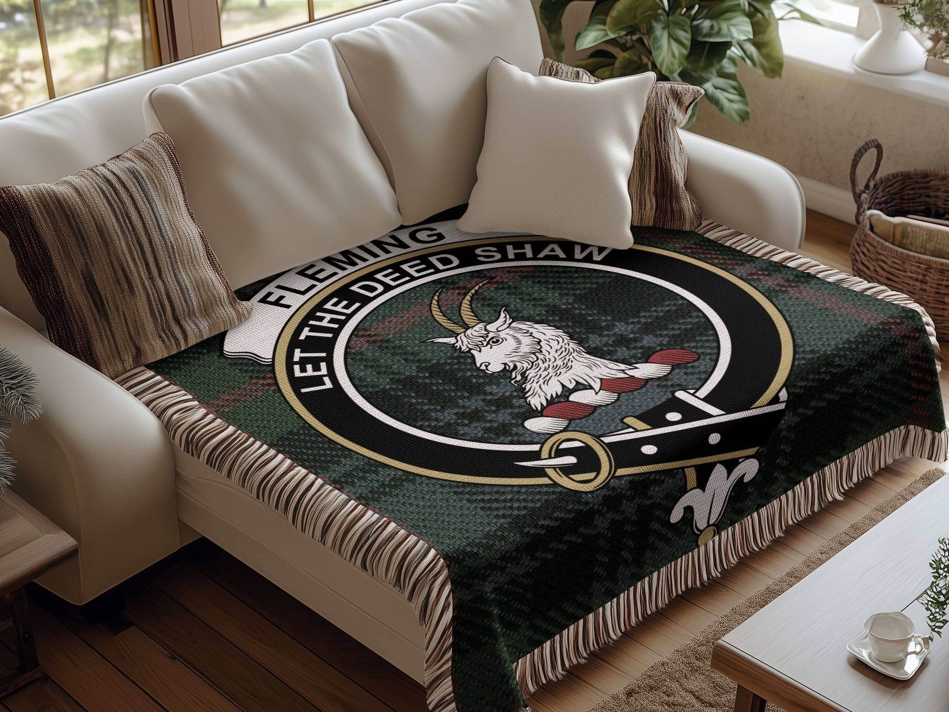 Fleming Clan Crest Tartan Scottish Woven Blanket - Celtic Ancestry Gifts