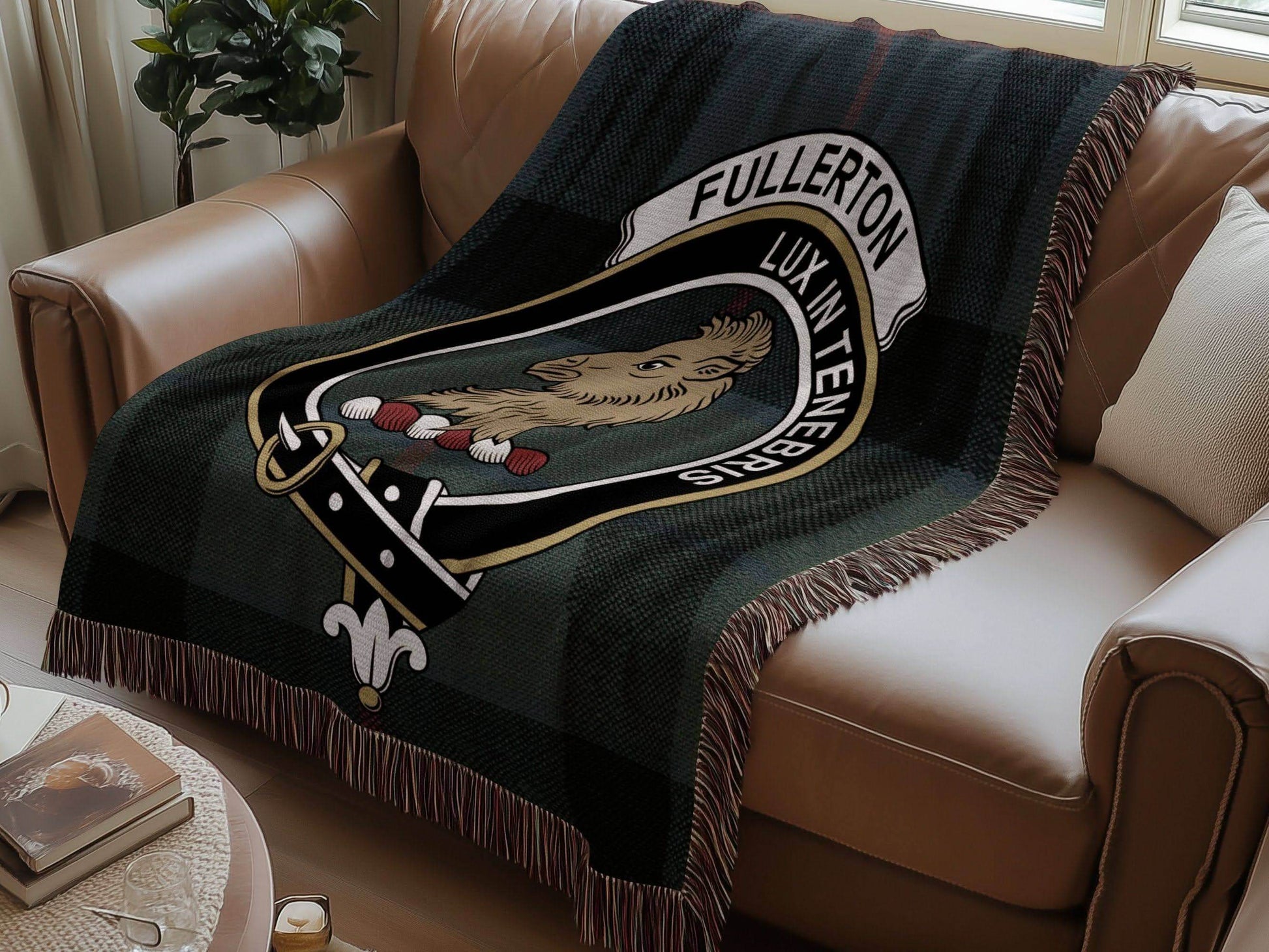 Fullerton Clan Crest Tartan Scottish Woven Blanket - Celtic Ancestry Gifts