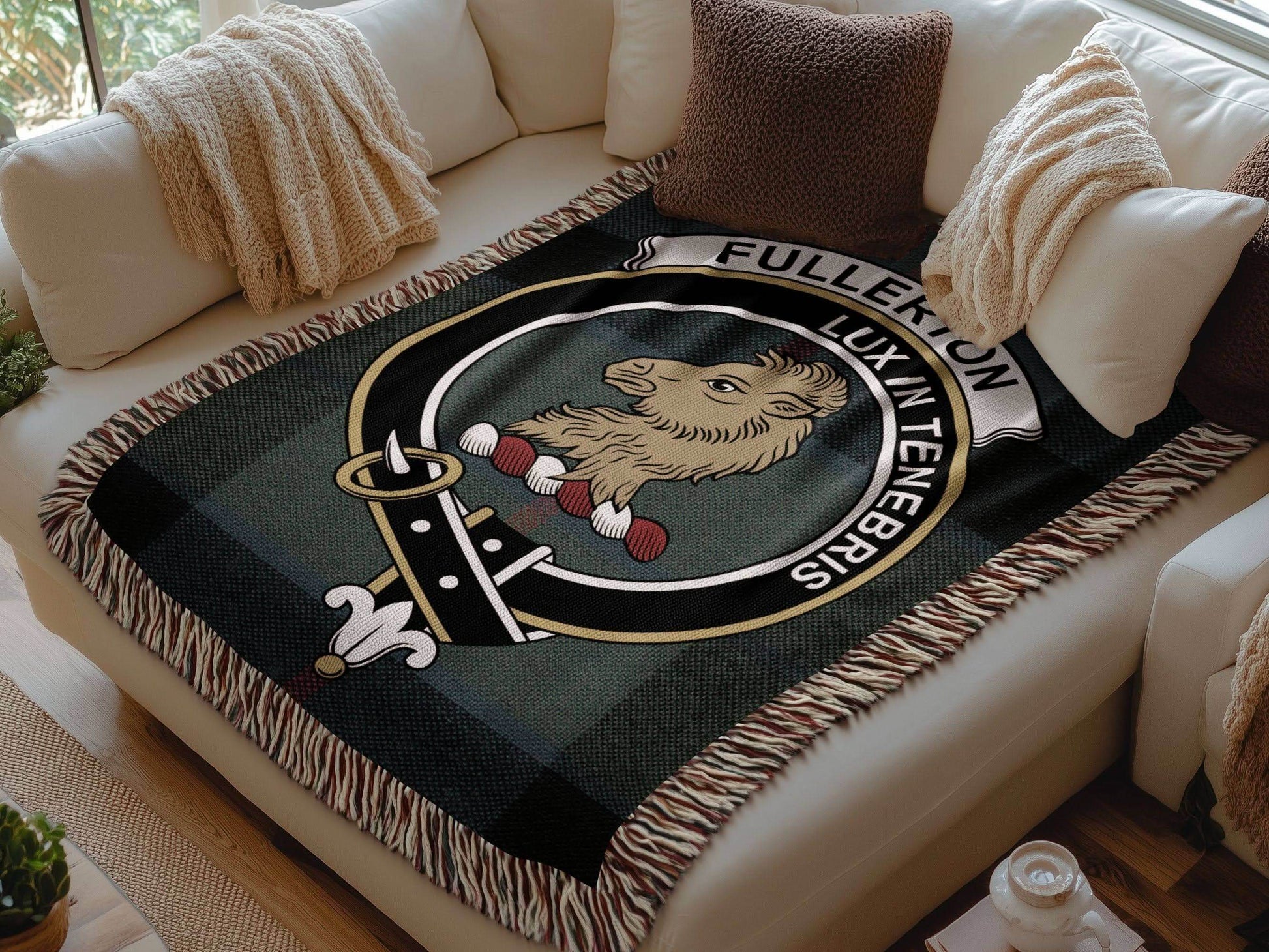 Fullerton Clan Crest Tartan Scottish Woven Blanket - Celtic Ancestry Gifts