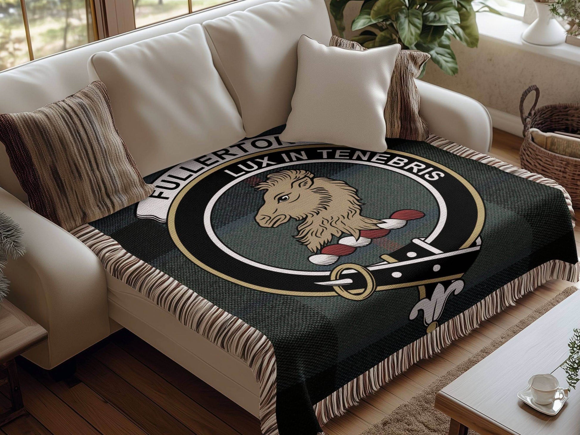 Fullerton Clan Crest Tartan Scottish Woven Blanket - Celtic Ancestry Gifts