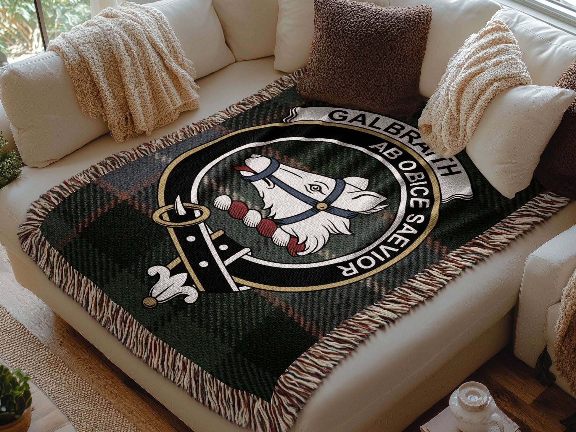 Galbraith Clan Crest Tartan Scottish Woven Blanket - Celtic Ancestry Gifts