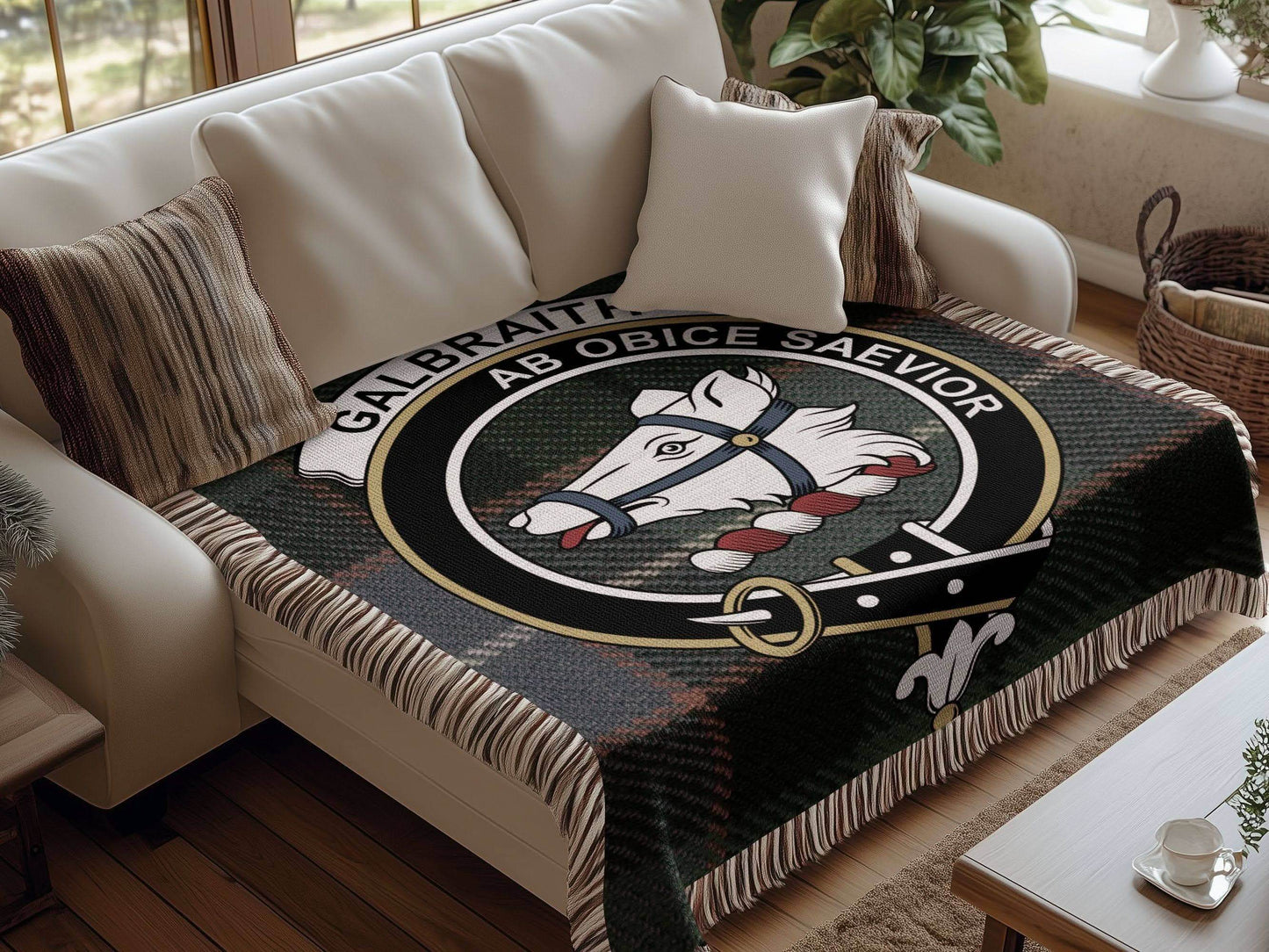 Galbraith Clan Crest Tartan Scottish Woven Blanket - Celtic Ancestry Gifts