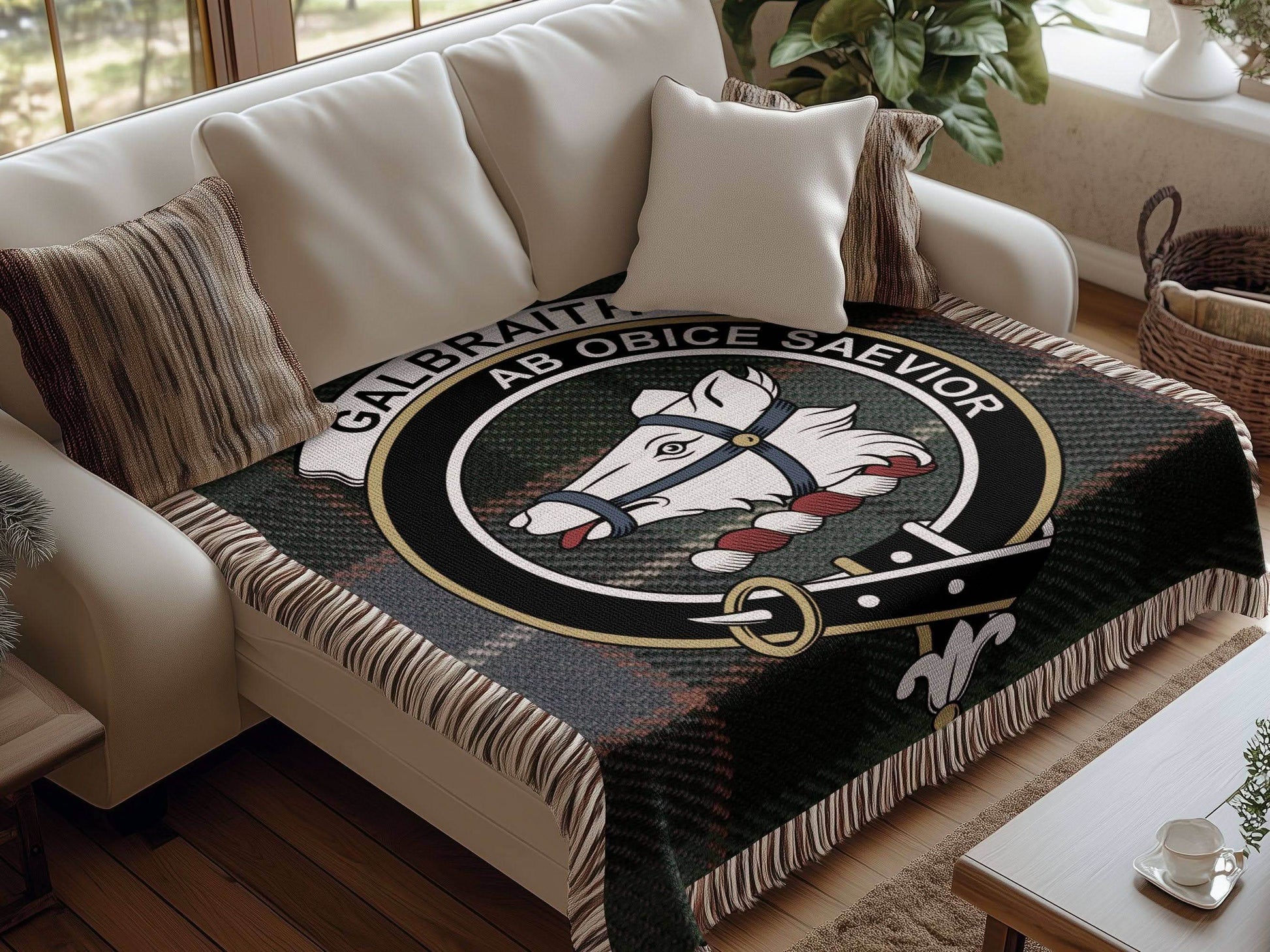 Galbraith Clan Crest Tartan Scottish Woven Blanket - Celtic Ancestry Gifts
