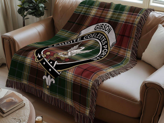 Gibson Clan Crest Tartan Scottish Heritage Woven Blanket - Celtic Ancestry Gifts