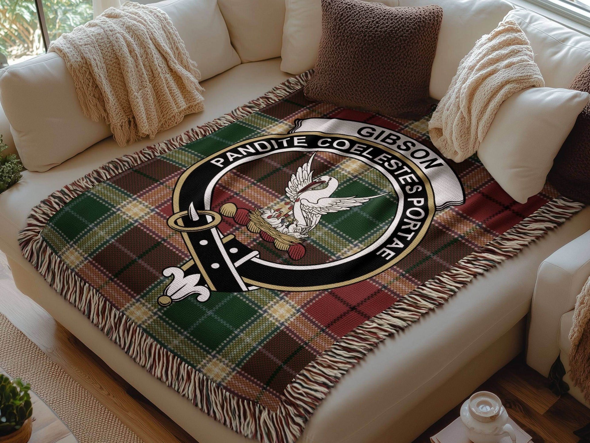 Gibson Clan Crest Tartan Scottish Heritage Woven Blanket - Celtic Ancestry Gifts