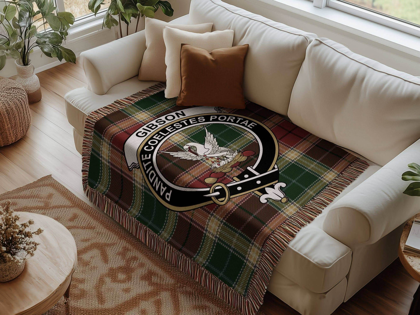 Gibson Clan Crest Tartan Scottish Heritage Woven Blanket - Celtic Ancestry Gifts
