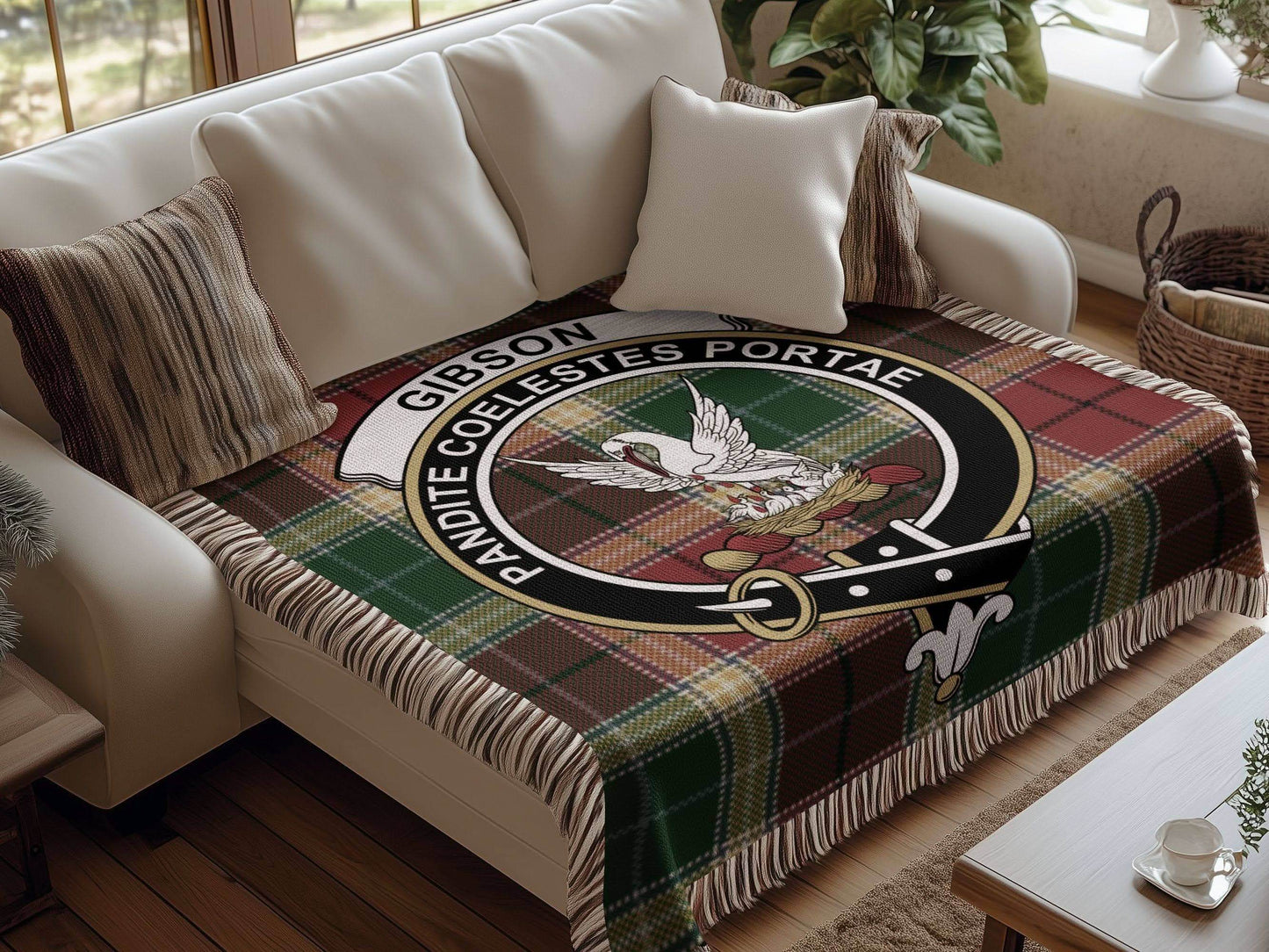 Gibson Clan Crest Tartan Scottish Heritage Woven Blanket - Celtic Ancestry Gifts