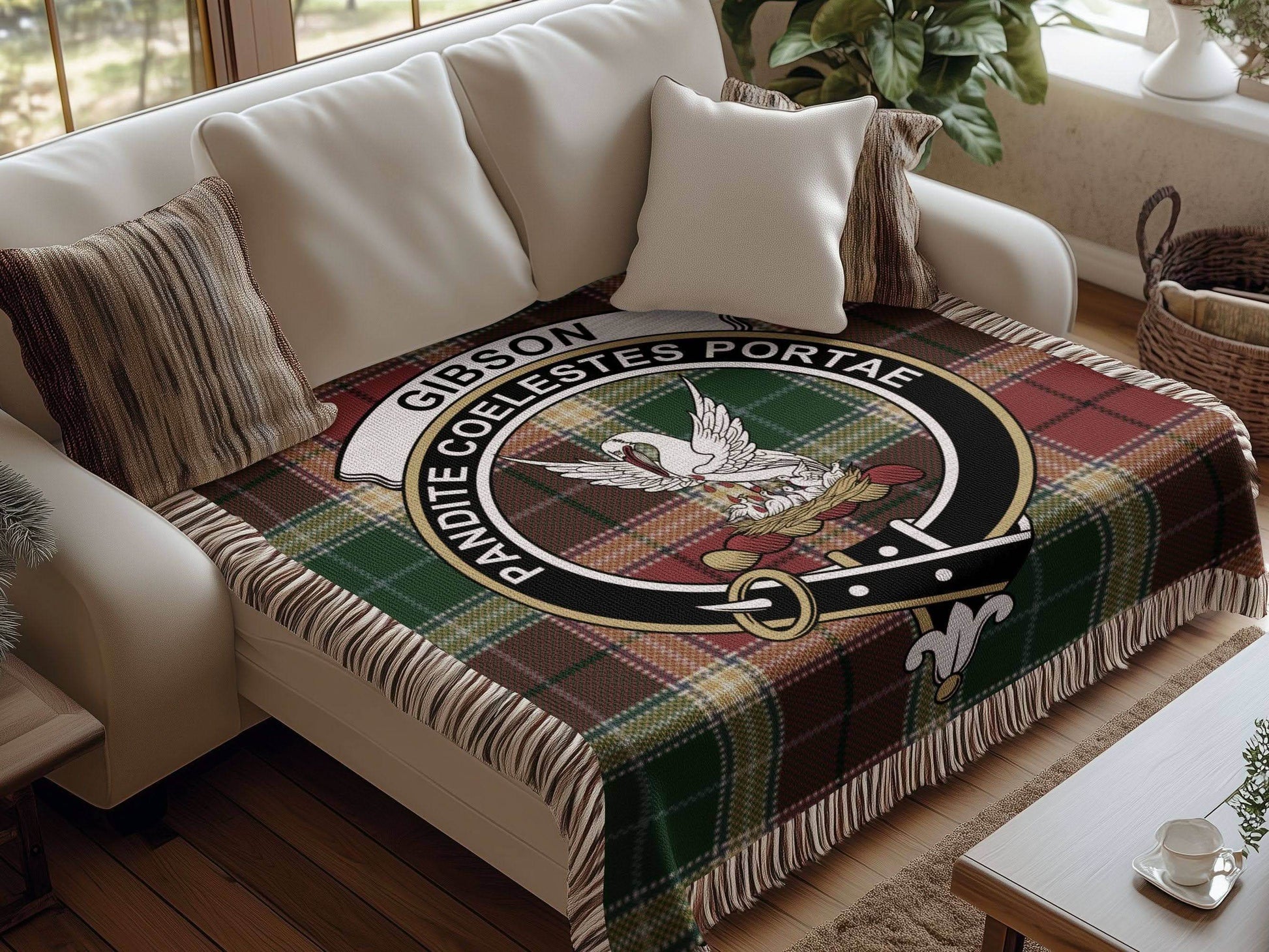 Gibson Clan Crest Tartan Scottish Heritage Woven Blanket - Celtic Ancestry Gifts