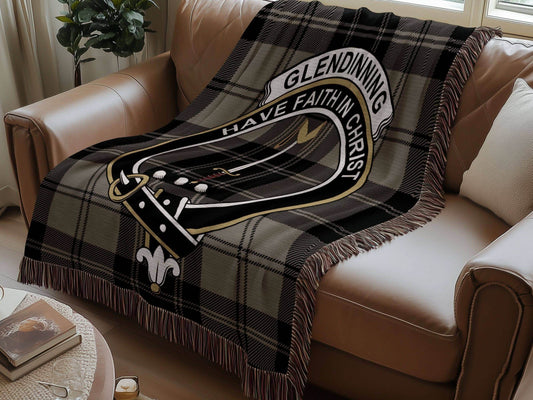 Glendinning Clan Crest Tartan Scottish Woven Blanket - Celtic Ancestry Gifts