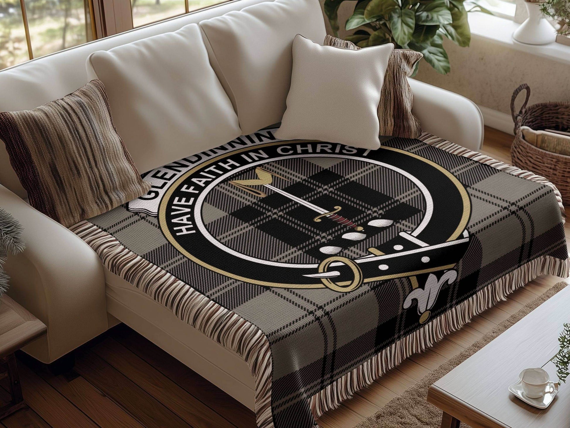 Glendinning Clan Crest Tartan Scottish Woven Blanket - Celtic Ancestry Gifts