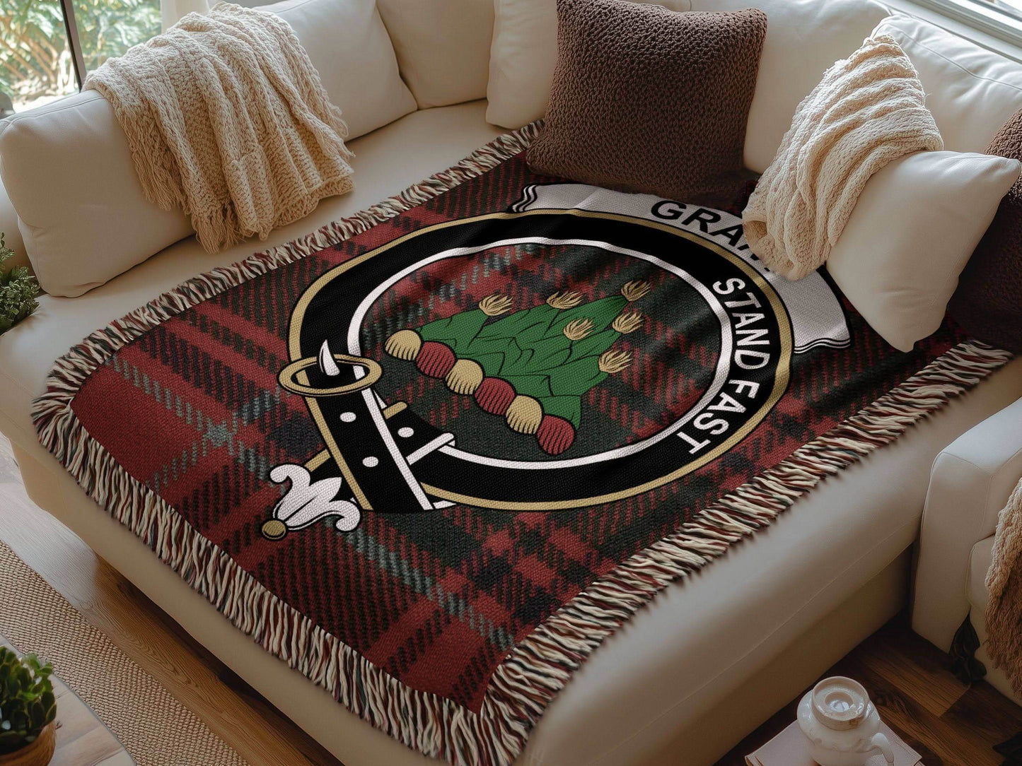 Grant Clan Crest Tartan Scottish Heritage Woven Blanket - Celtic Ancestry Gifts