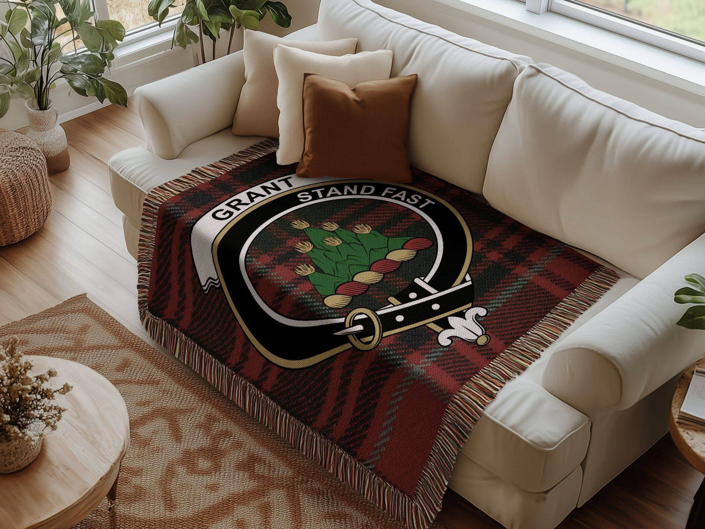 Grant Clan Crest Tartan Scottish Heritage Woven Blanket - Celtic Ancestry Gifts