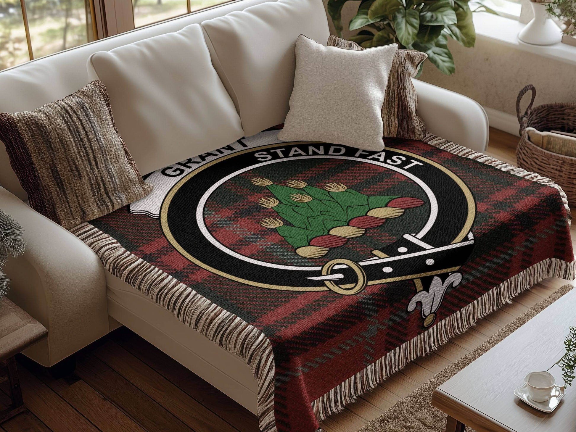 Grant Clan Crest Tartan Scottish Heritage Woven Blanket - Celtic Ancestry Gifts