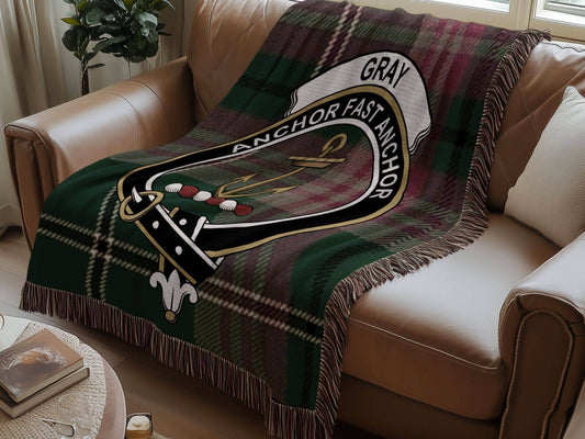 Gray Clan Crest Tartan Scottish Woven Blanket - Celtic Ancestry Gifts