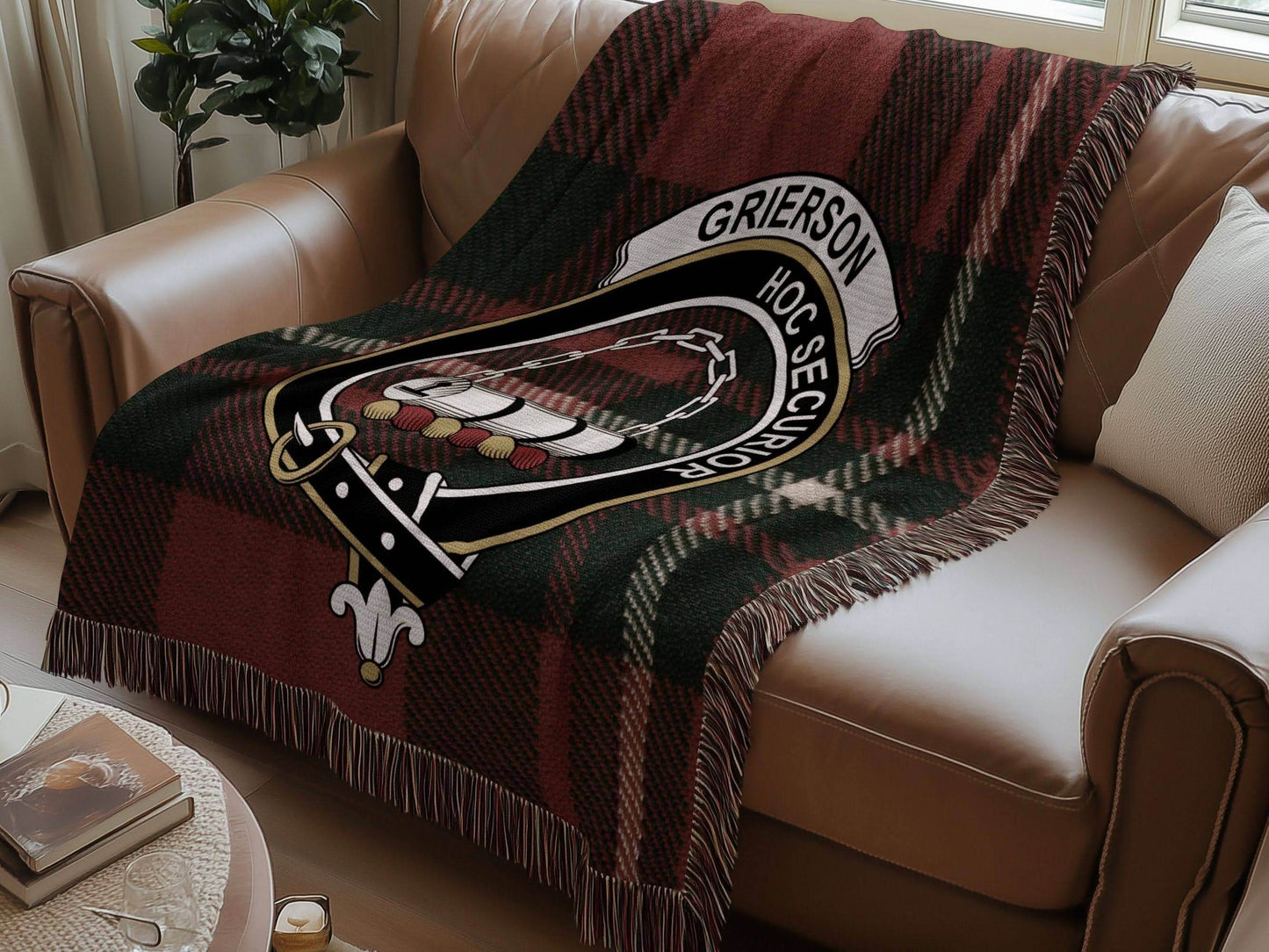 Grierson Clan Crest Tartan Scottish Woven Blanket - Celtic Ancestry Gifts