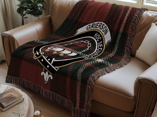 Grierson Clan Crest Tartan Scottish Woven Blanket - Celtic Ancestry Gifts
