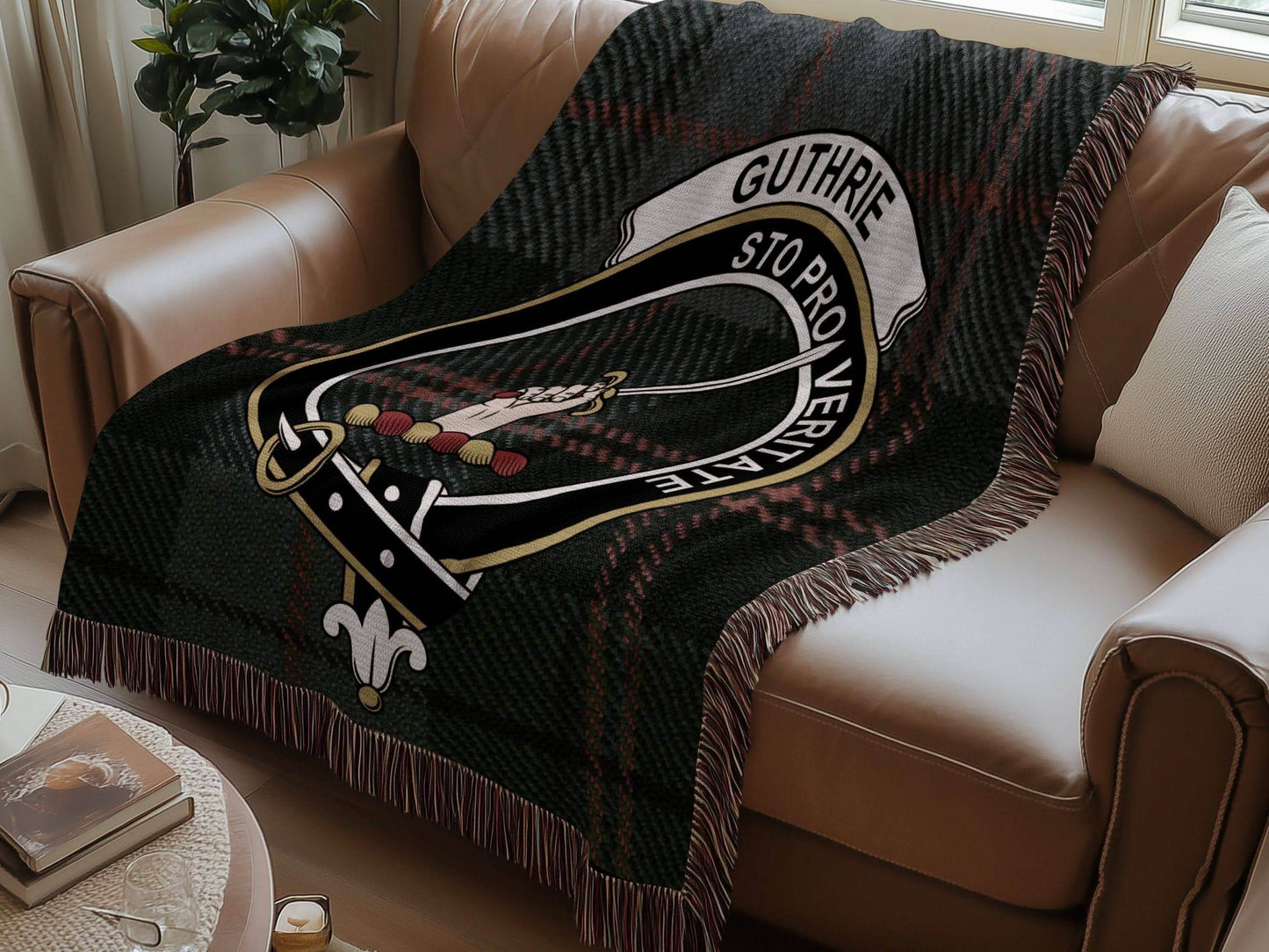 Guthrie Clan Crest Tartan Scottish Woven Blanket - Celtic Ancestry Gifts
