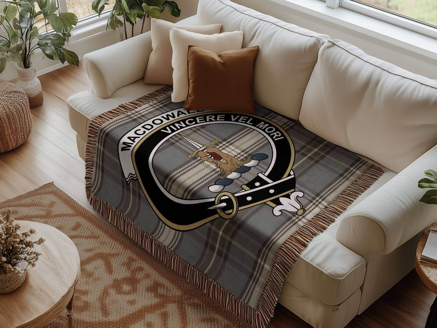 Macdowall Clan Crest Tartan Scottish Woven Blanket - Celtic Ancestry Gifts