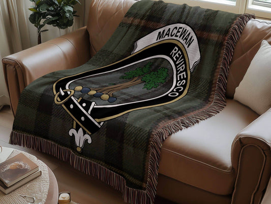 Macewan Clan Crest Tartan Heritage Woven Blanket - Celtic Ancestry Gifts