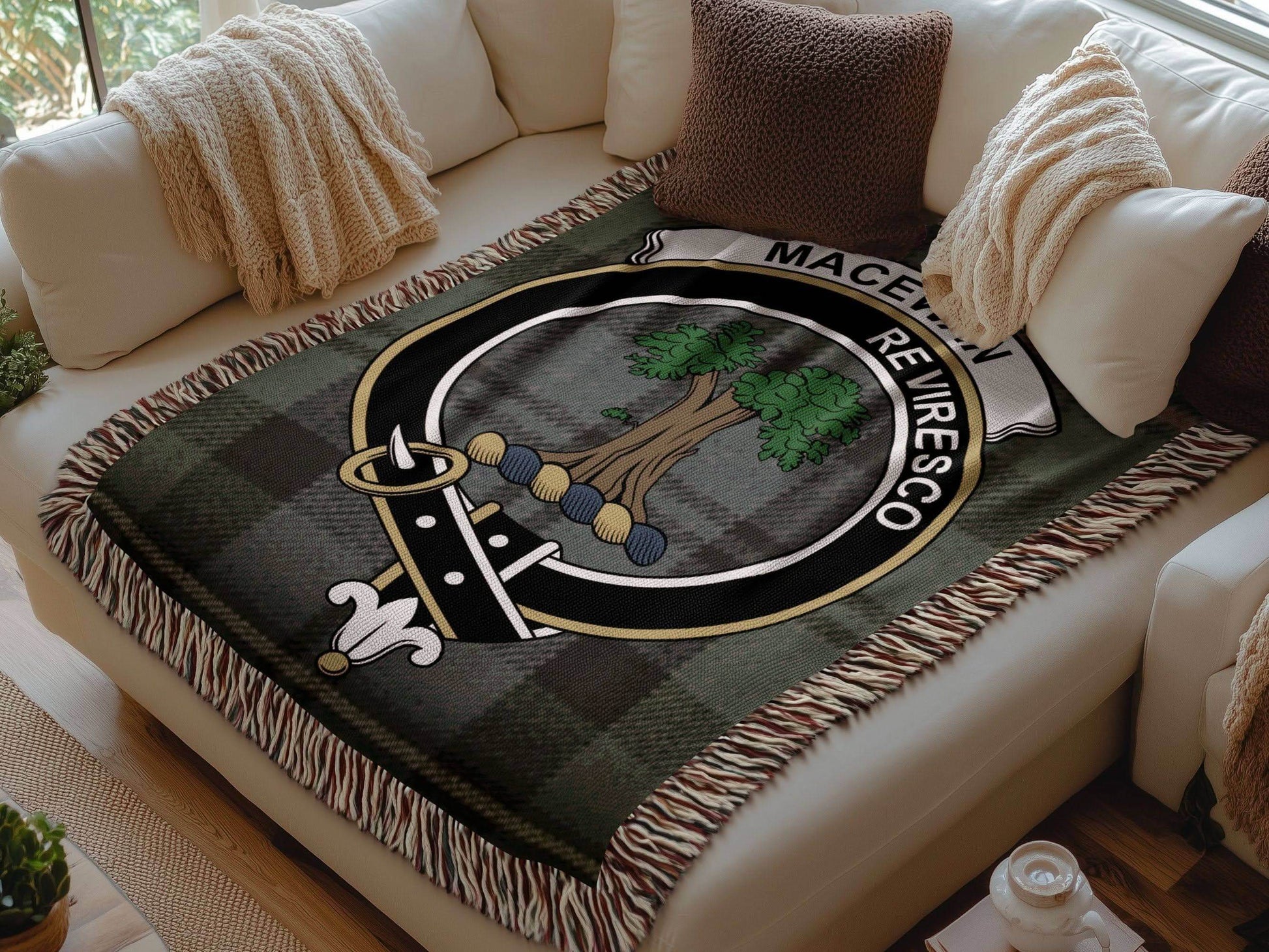 Macewan Clan Crest Tartan Heritage Woven Blanket - Celtic Ancestry Gifts
