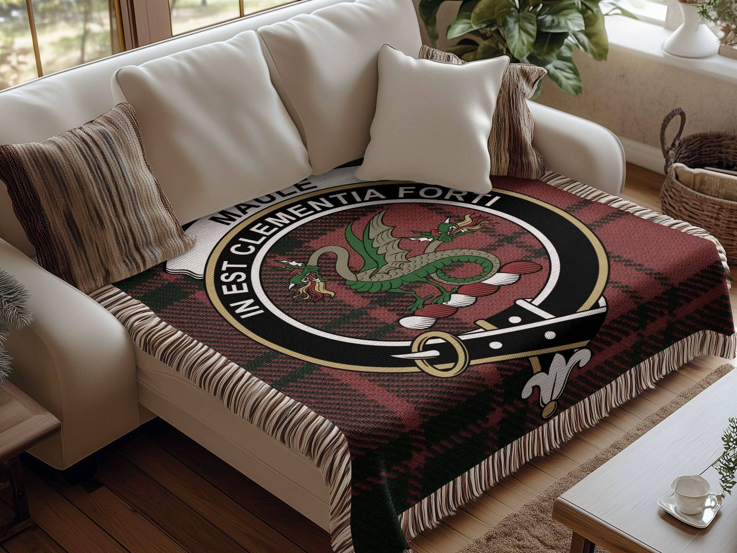 Maule Clan Crest Tartan Scottish Woven Blanket - Celtic Ancestry Gifts