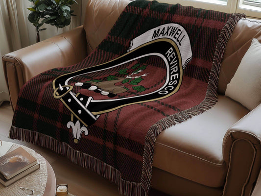 Maxwell Clan Crest Tartan Scottish Woven Blanket - Celtic Ancestry Gifts
