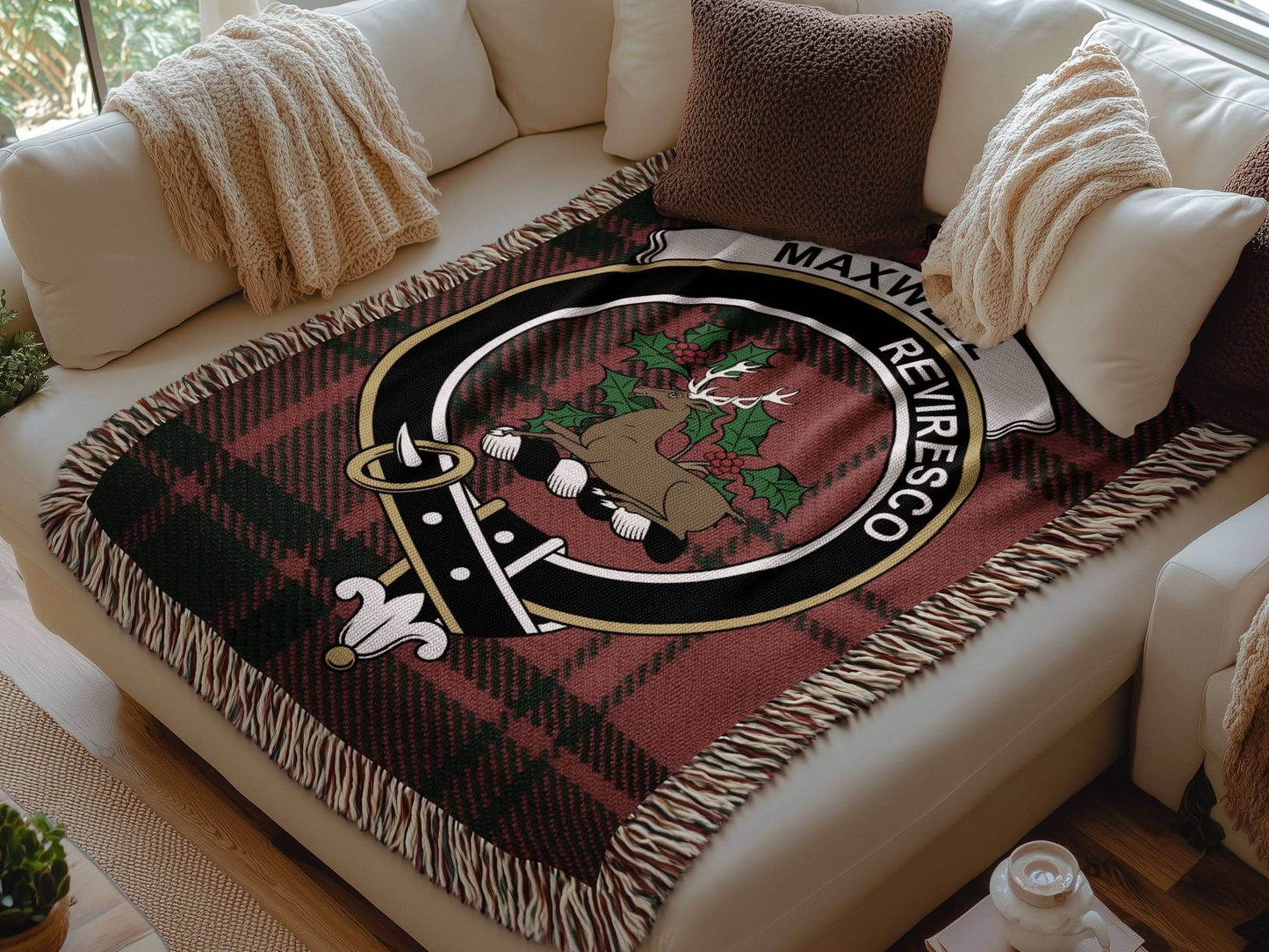 Maxwell Clan Crest Tartan Scottish Woven Blanket - Celtic Ancestry Gifts