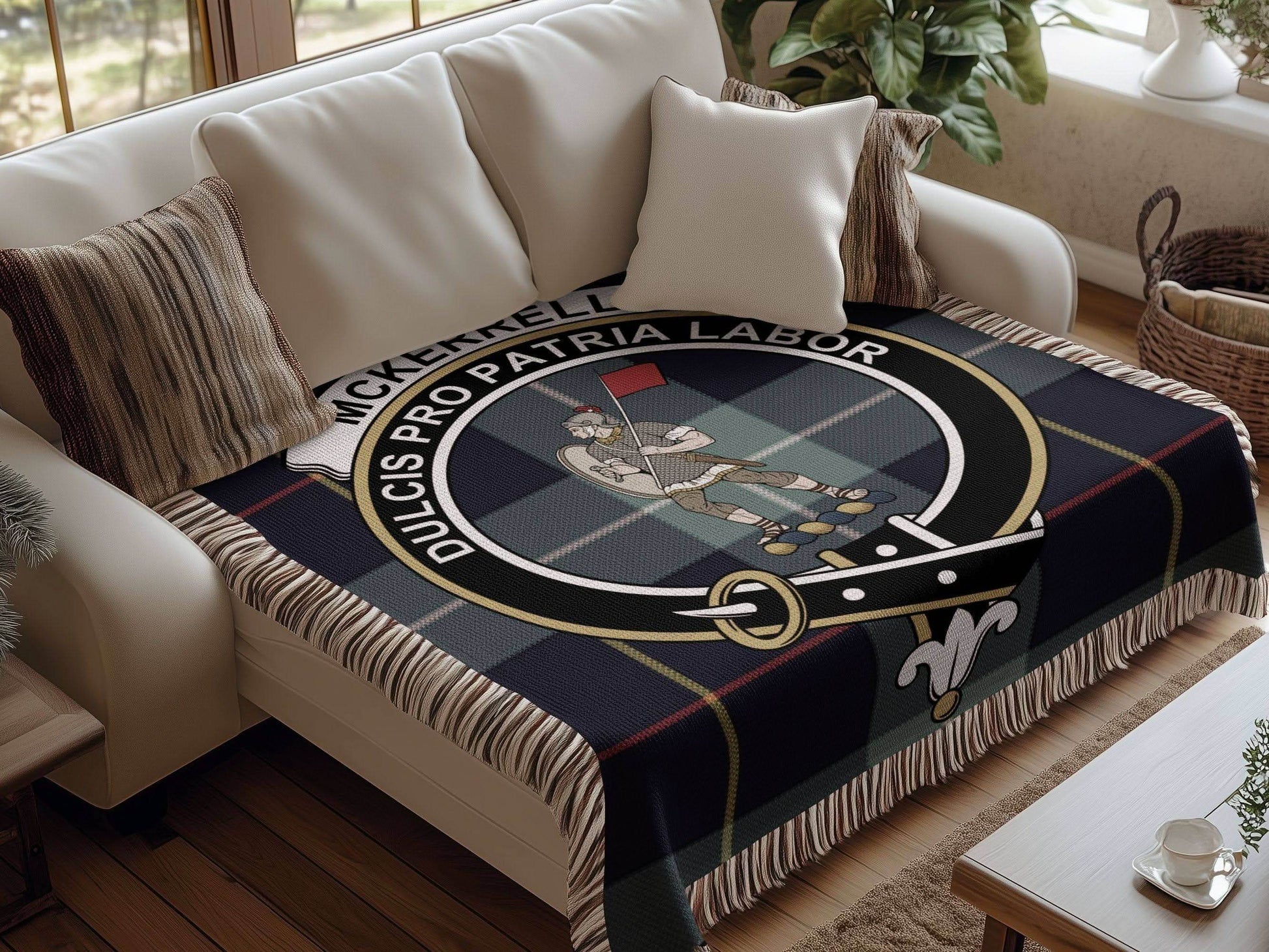 McKerrell Clan Crest Tartan Scottish Woven Blanket - Celtic Ancestry Gifts