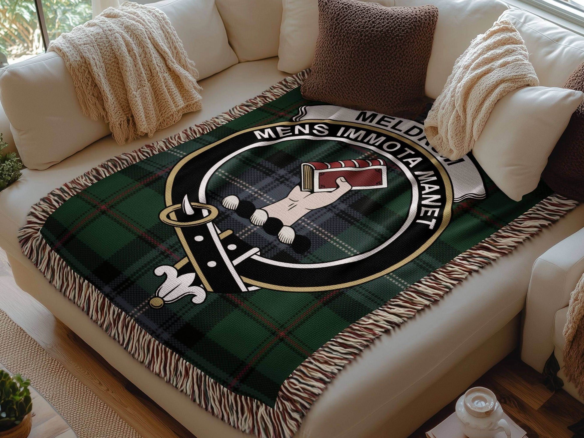 Meldrum Clan Crest Tartan Scottish Woven Blanket - Celtic Ancestry Gifts