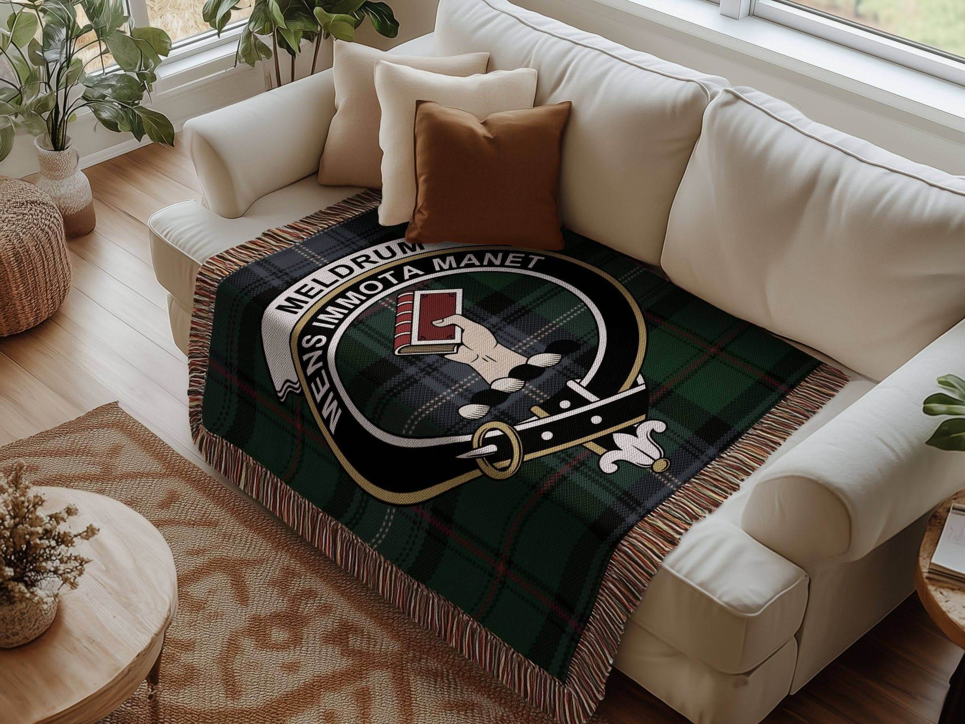 Meldrum Clan Crest Tartan Scottish Woven Blanket - Celtic Ancestry Gifts