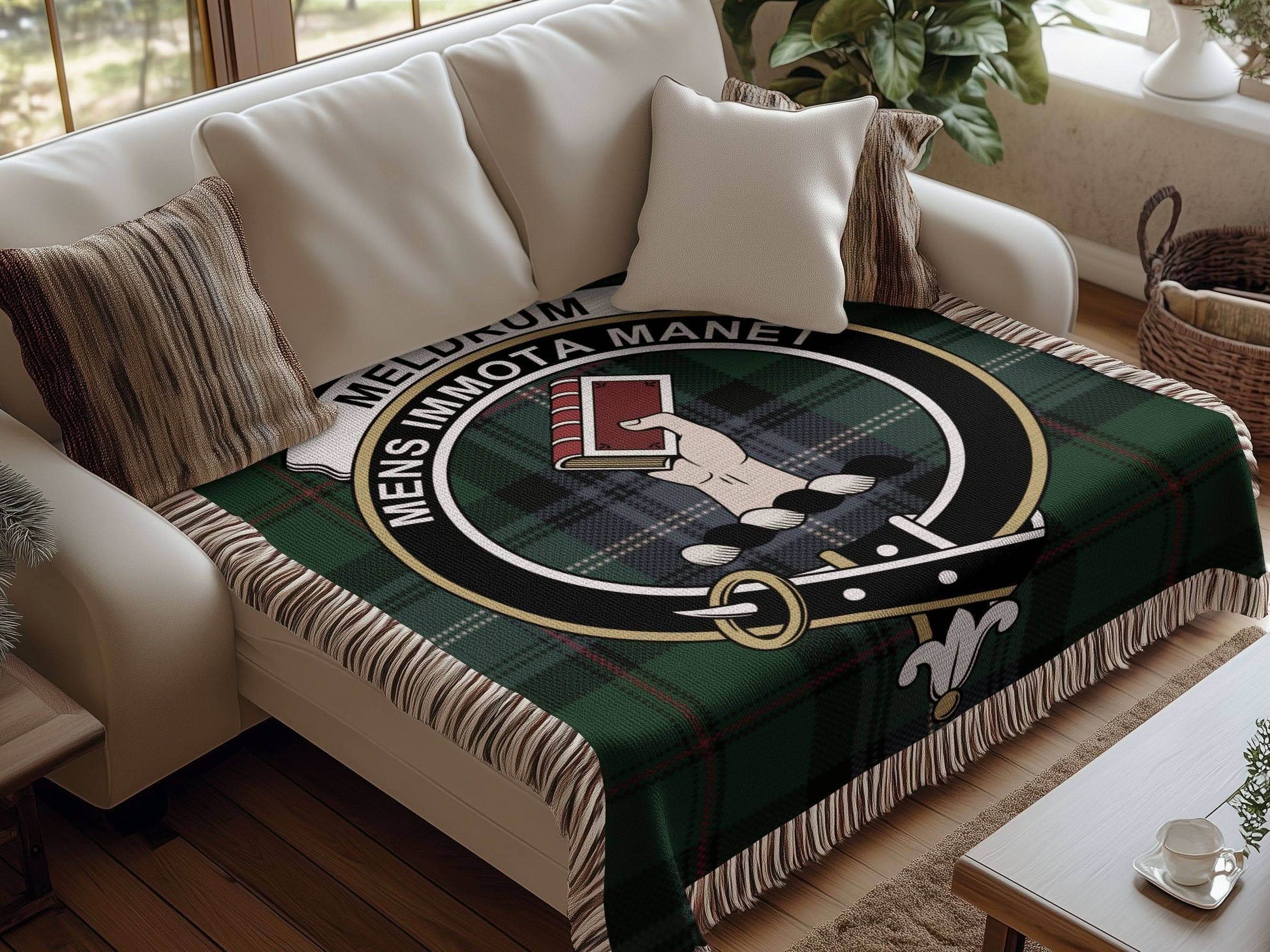 Meldrum Clan Crest Tartan Scottish Woven Blanket - Celtic Ancestry Gifts