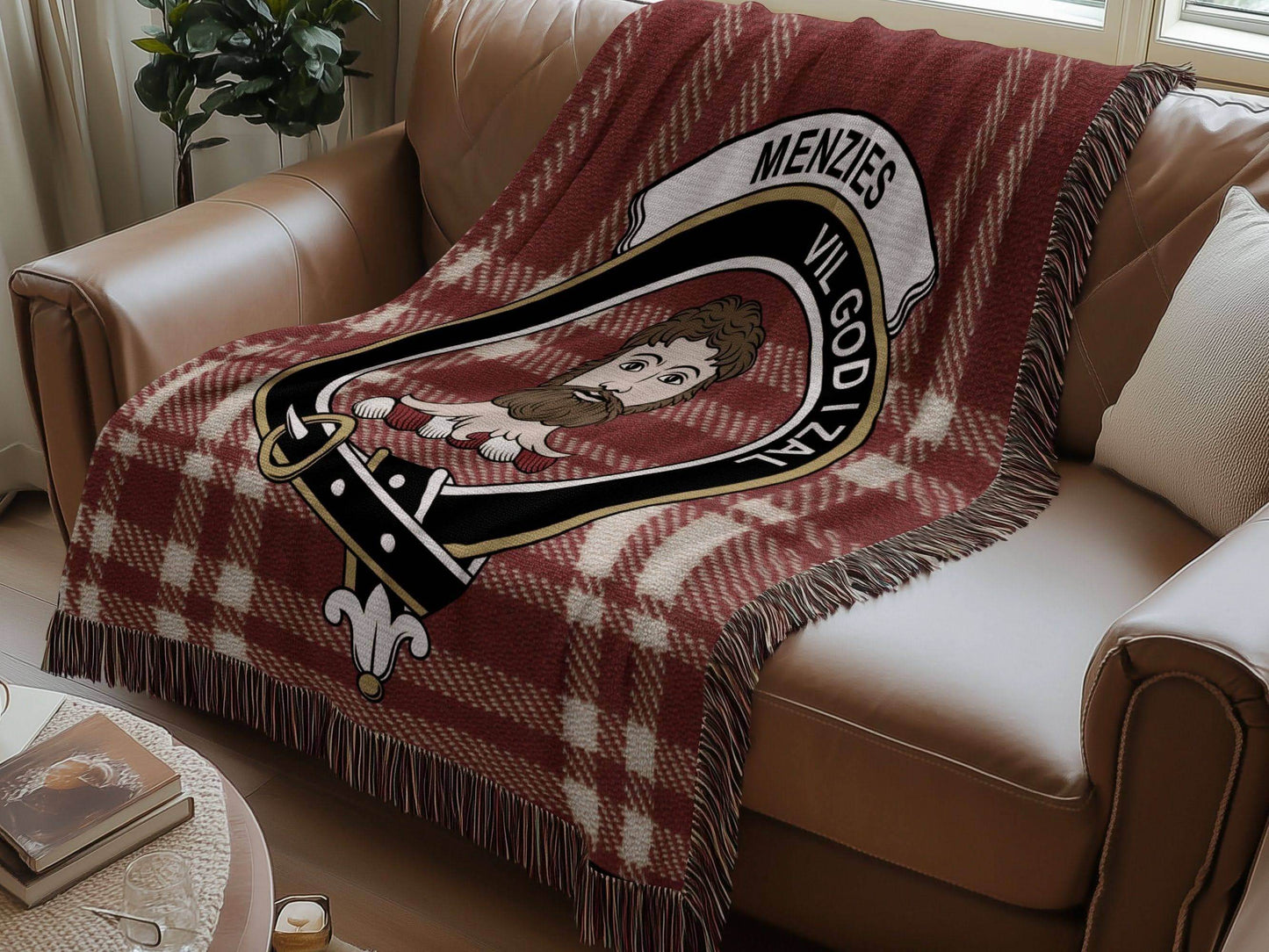 Menzies Clan Crest Tartan Scottish Woven Blanket - Celtic Ancestry Gifts