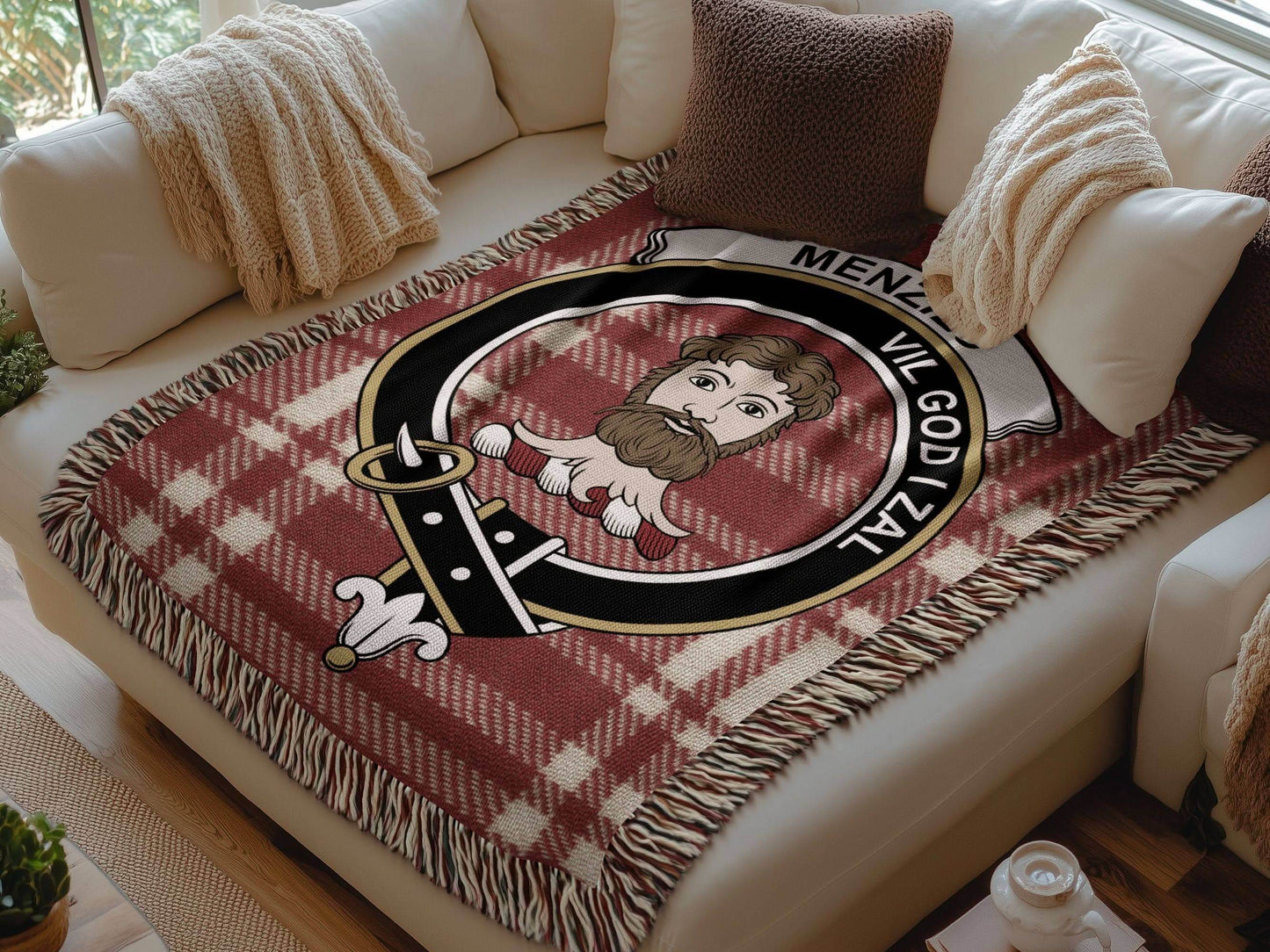 Menzies Clan Crest Tartan Scottish Woven Blanket - Celtic Ancestry Gifts