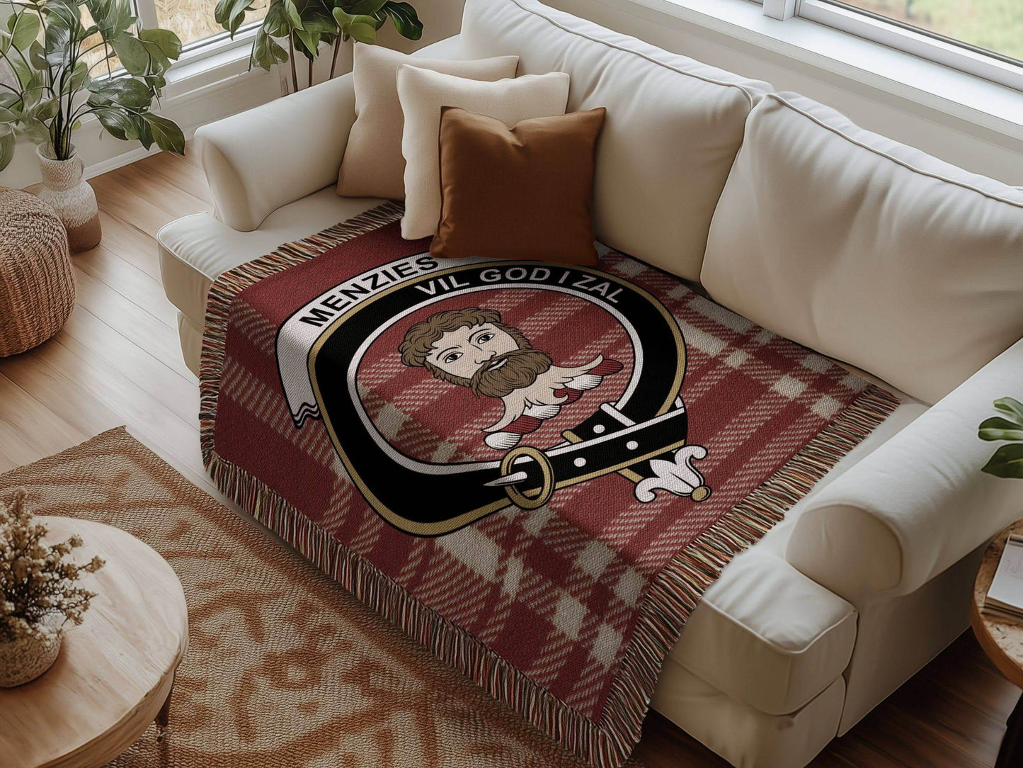 Menzies Clan Crest Tartan Scottish Woven Blanket - Celtic Ancestry Gifts