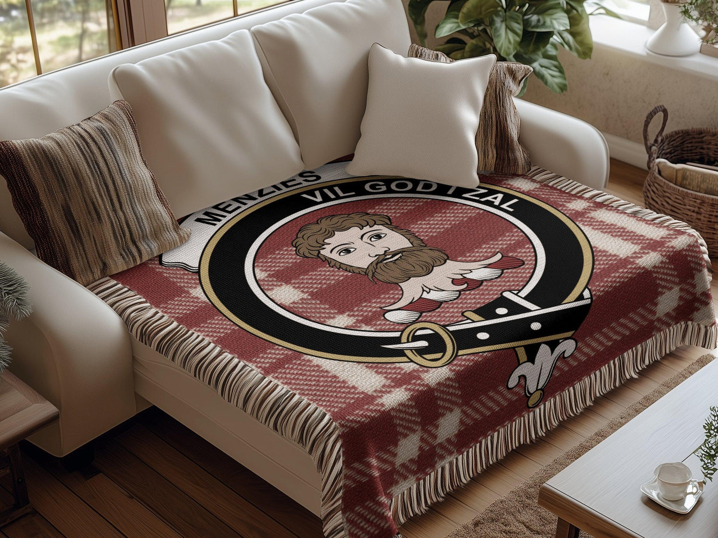 Menzies Clan Crest Tartan Scottish Woven Blanket - Celtic Ancestry Gifts