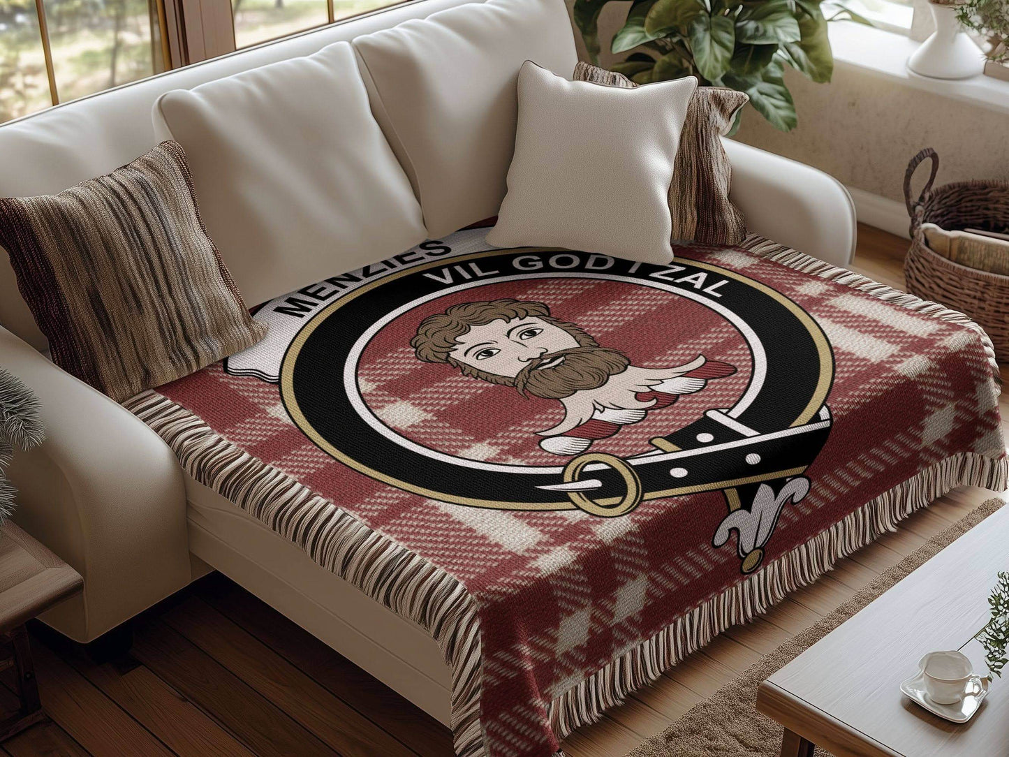 Menzies Clan Crest Tartan Scottish Woven Blanket - Celtic Ancestry Gifts