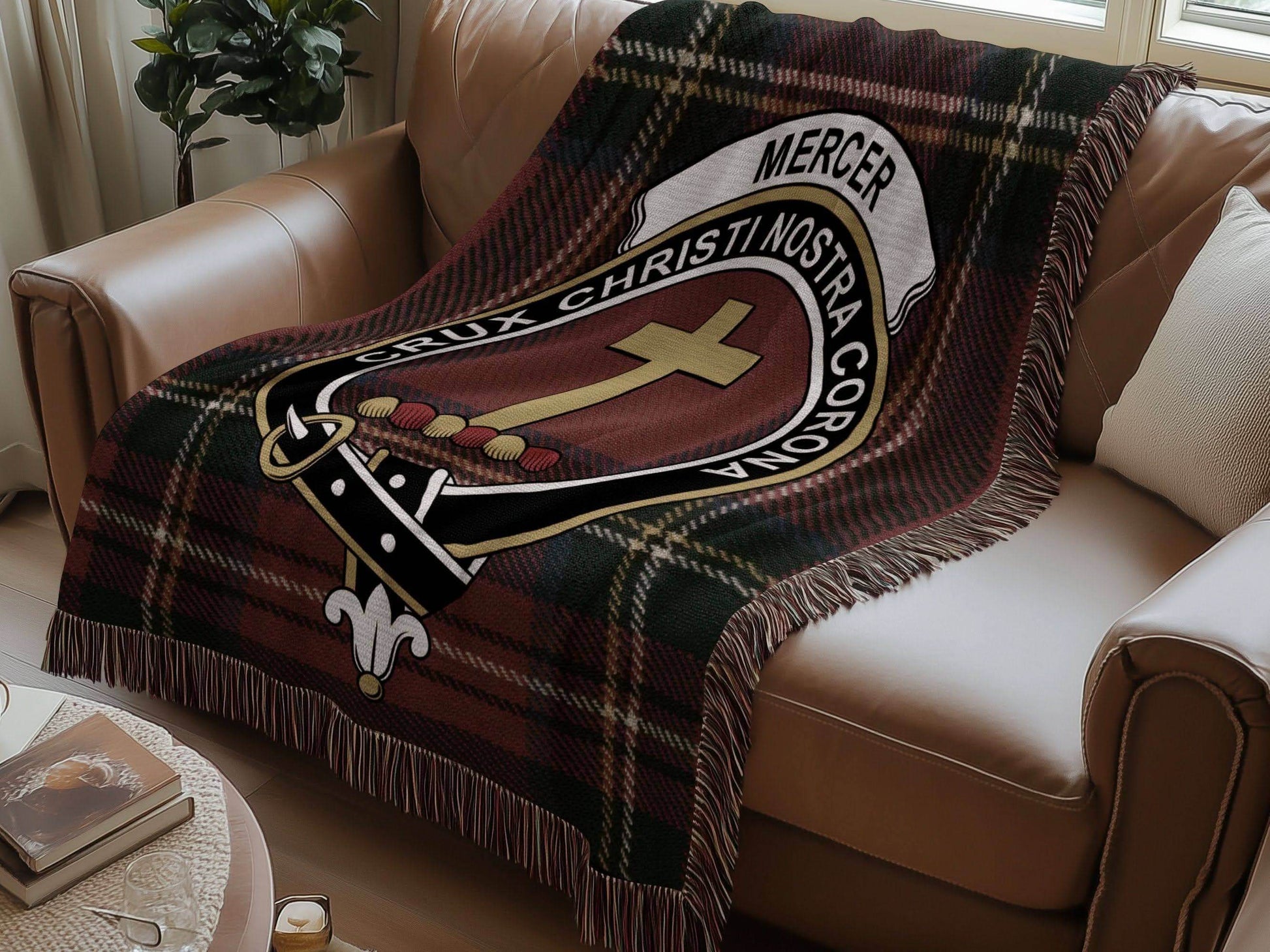 Mercer Clan Crest Tartan Scottish Heritage Woven Blanket - Celtic Ancestry Gifts