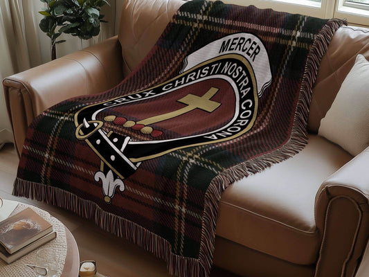 Mercer Clan Crest Tartan Scottish Heritage Woven Blanket - Celtic Ancestry Gifts