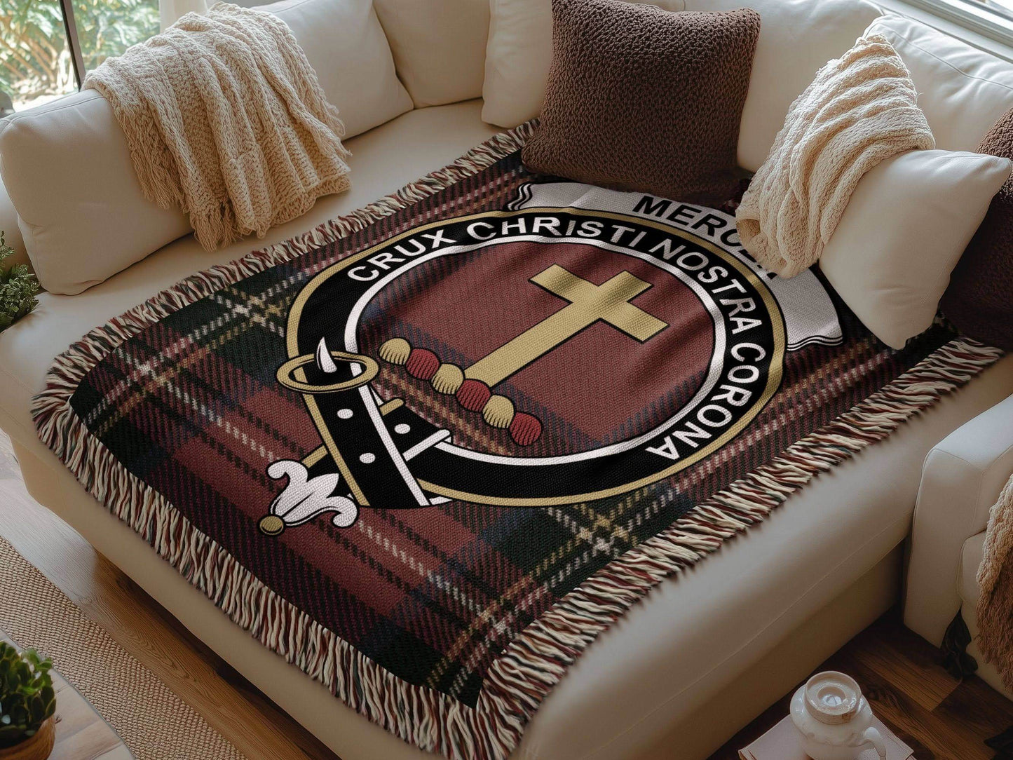 Mercer Clan Crest Tartan Scottish Heritage Woven Blanket - Celtic Ancestry Gifts