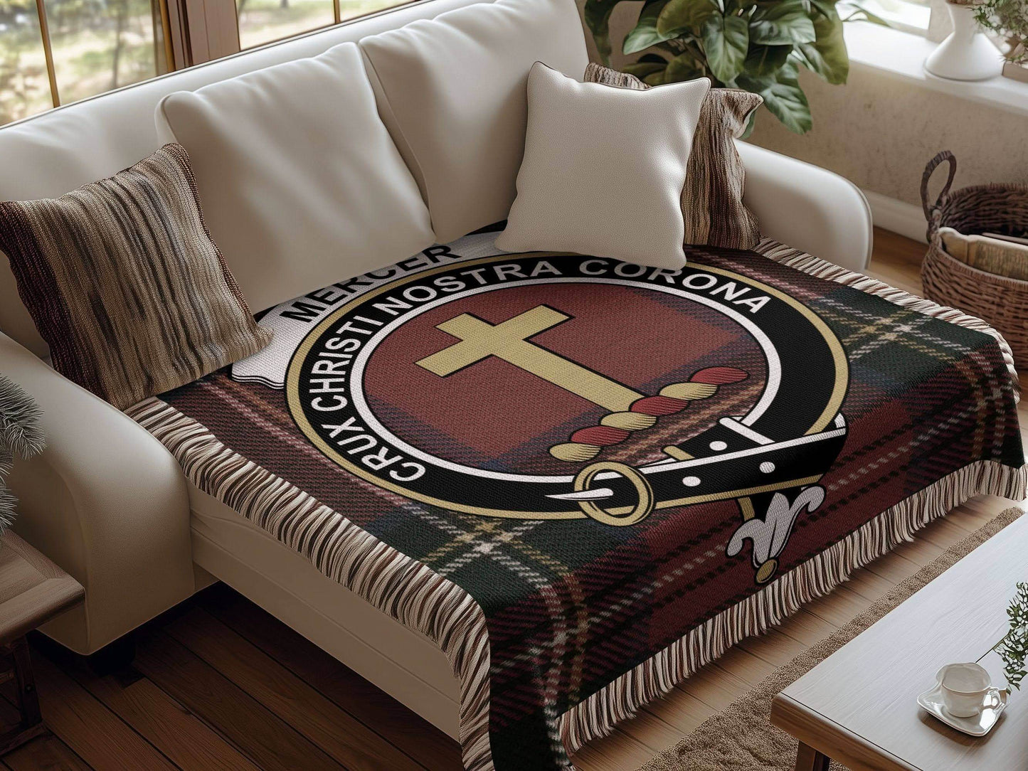 Mercer Clan Crest Tartan Scottish Heritage Woven Blanket - Celtic Ancestry Gifts