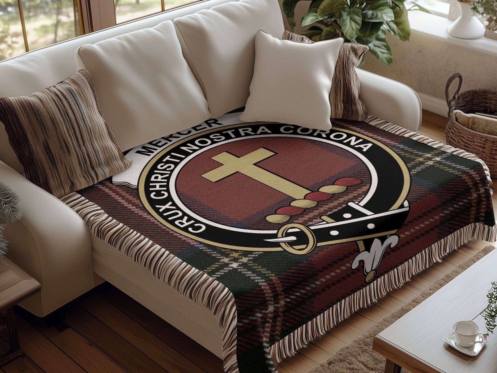 Mercer Clan Crest Tartan Scottish Heritage Woven Blanket - Celtic Ancestry Gifts