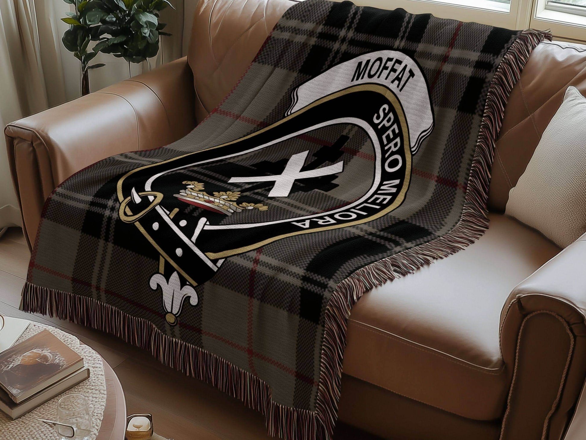 Moffat Clan Crest Tartan Scottish Woven Blanket - Celtic Ancestry Gifts