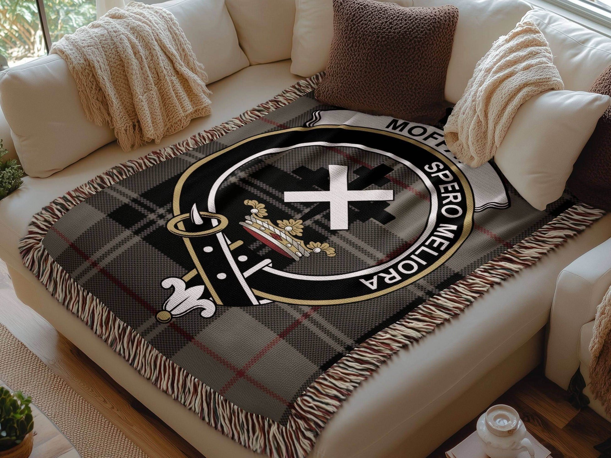Moffat Clan Crest Tartan Scottish Woven Blanket - Celtic Ancestry Gifts