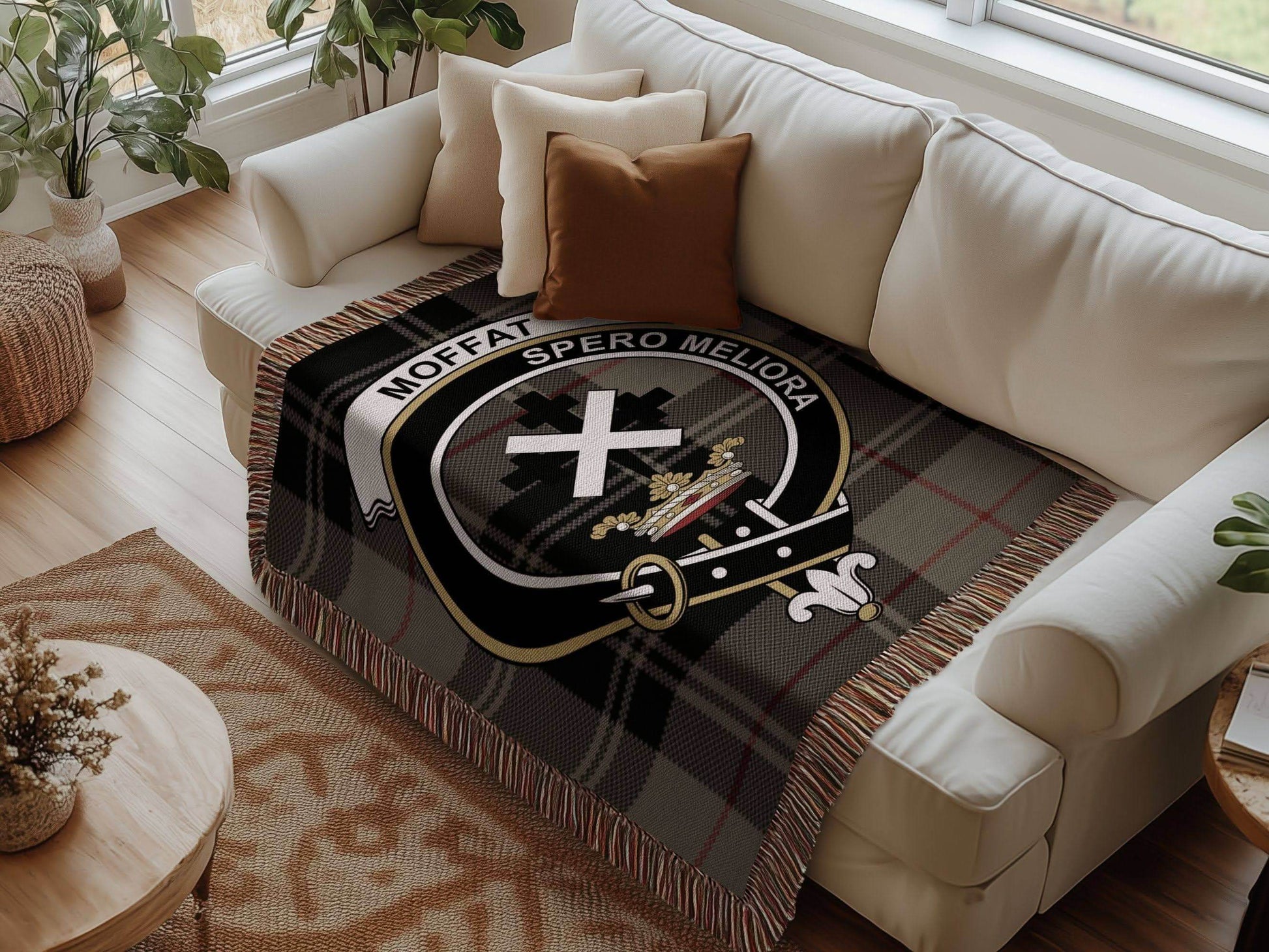 Moffat Clan Crest Tartan Scottish Woven Blanket - Celtic Ancestry Gifts