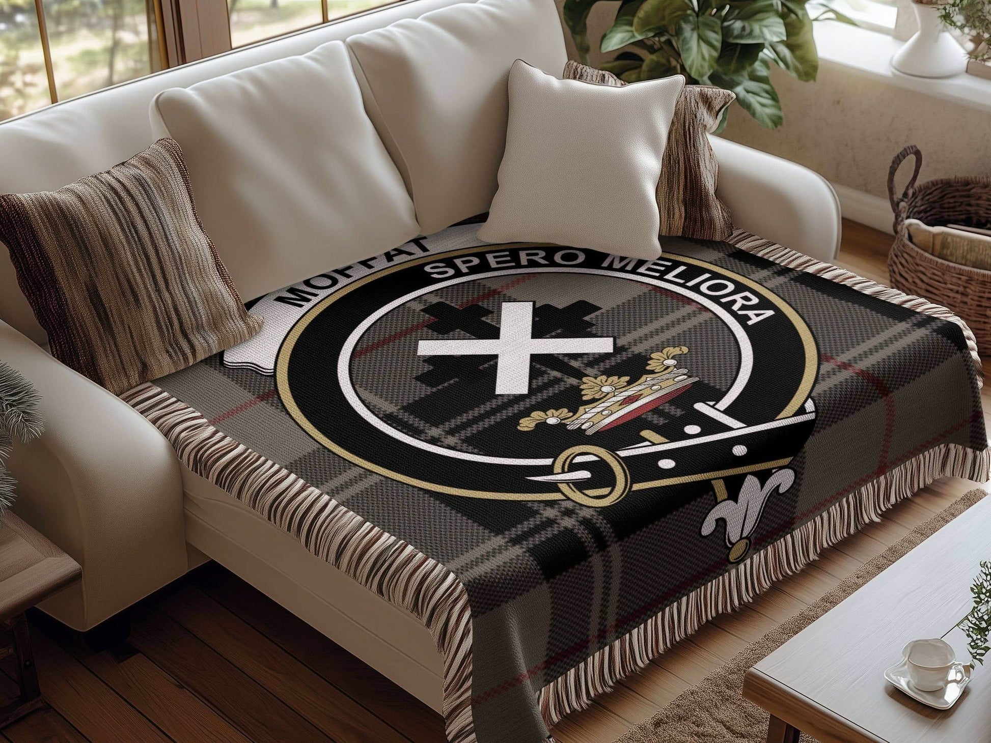 Moffat Clan Crest Tartan Scottish Woven Blanket - Celtic Ancestry Gifts