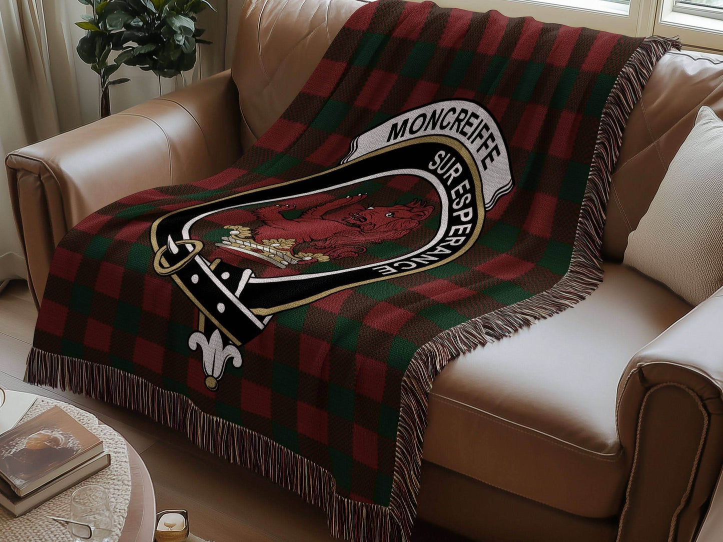 Moncreiffe Clan Crest Tartan Scottish Heritage Woven Blanket - Celtic Ancestry Gifts