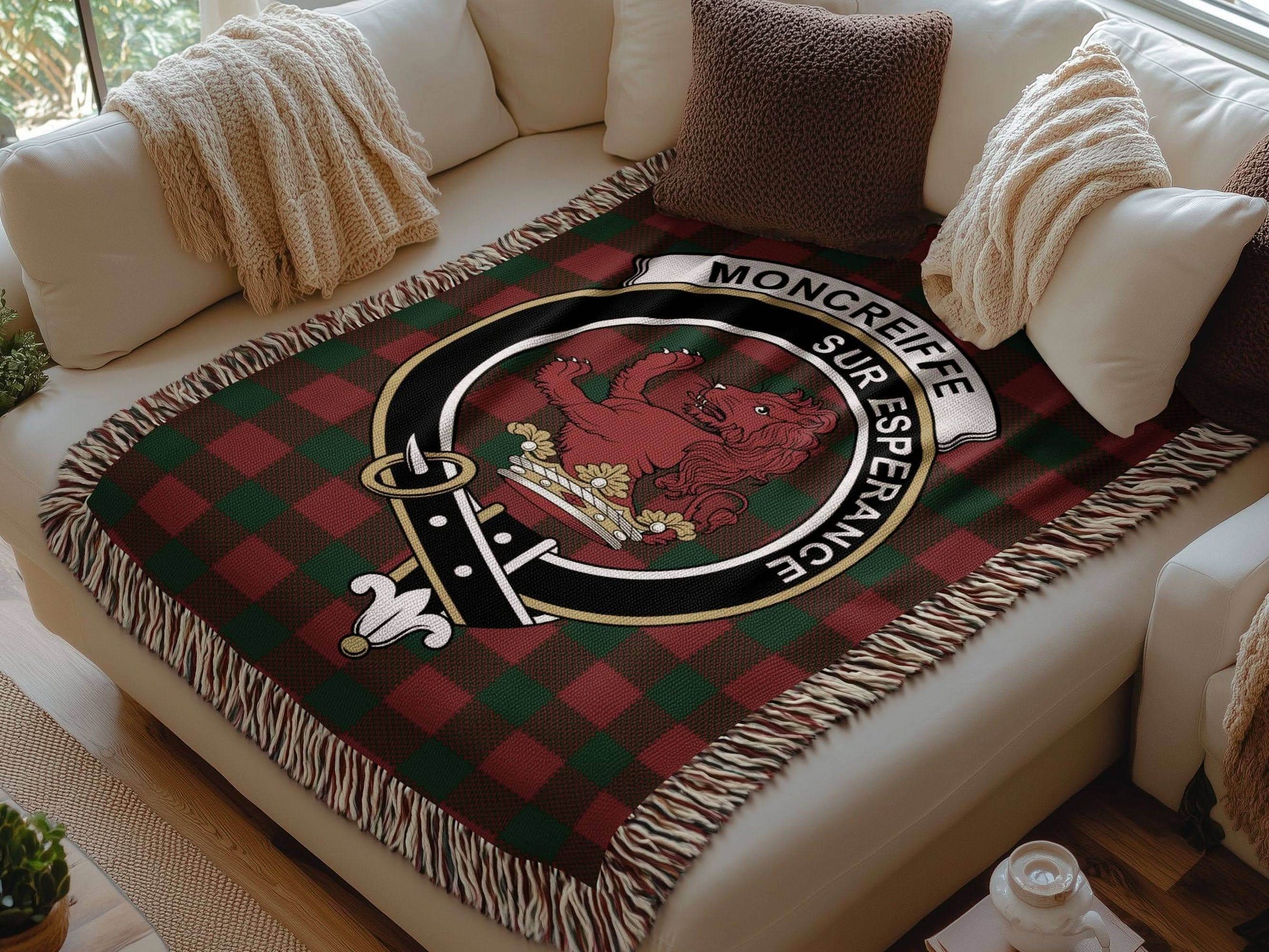 Moncreiffe Clan Crest Tartan Scottish Heritage Woven Blanket - Celtic Ancestry Gifts