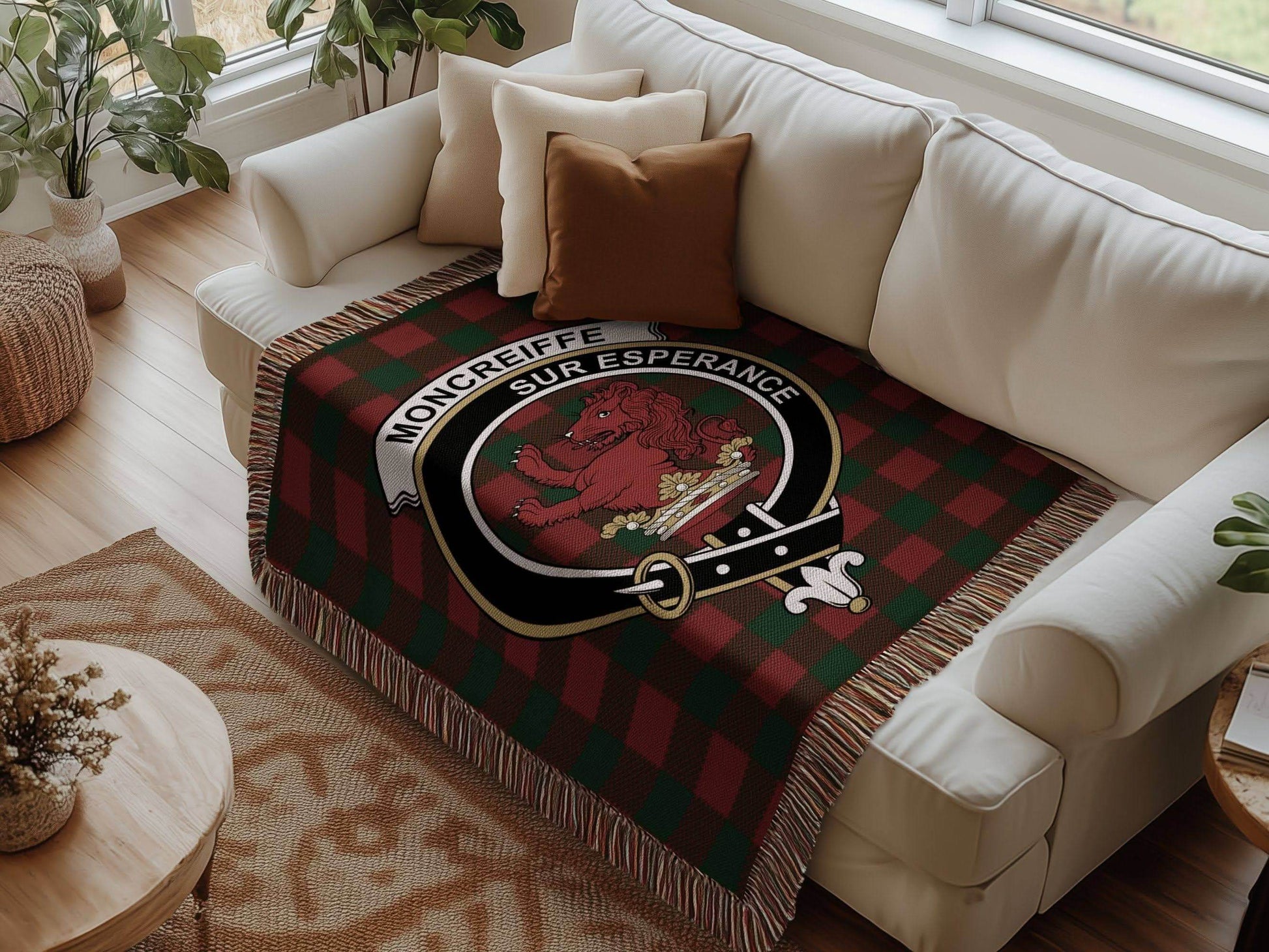 Moncreiffe Clan Crest Tartan Scottish Heritage Woven Blanket - Celtic Ancestry Gifts